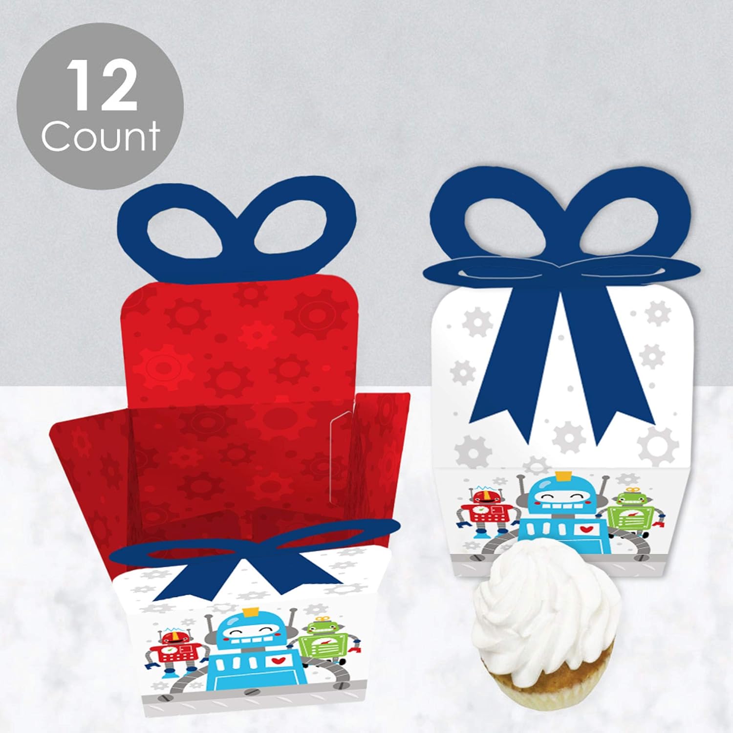 Big Dot of Happiness Gear Up Robots – Cajas de regalo cuadradas para fiestas de cumpleaños o baby shower, juego de 12