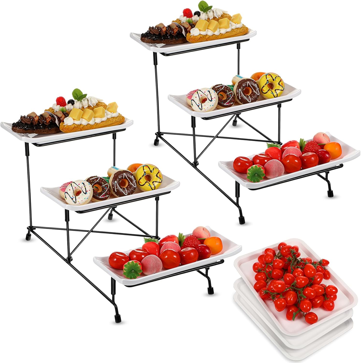 Uiifan Juego de 5 bandejas de servir de 3 niveles de 3 niveles, platos rectangulares escalonados, juego de mesa de postre con 3 bandejas de servir