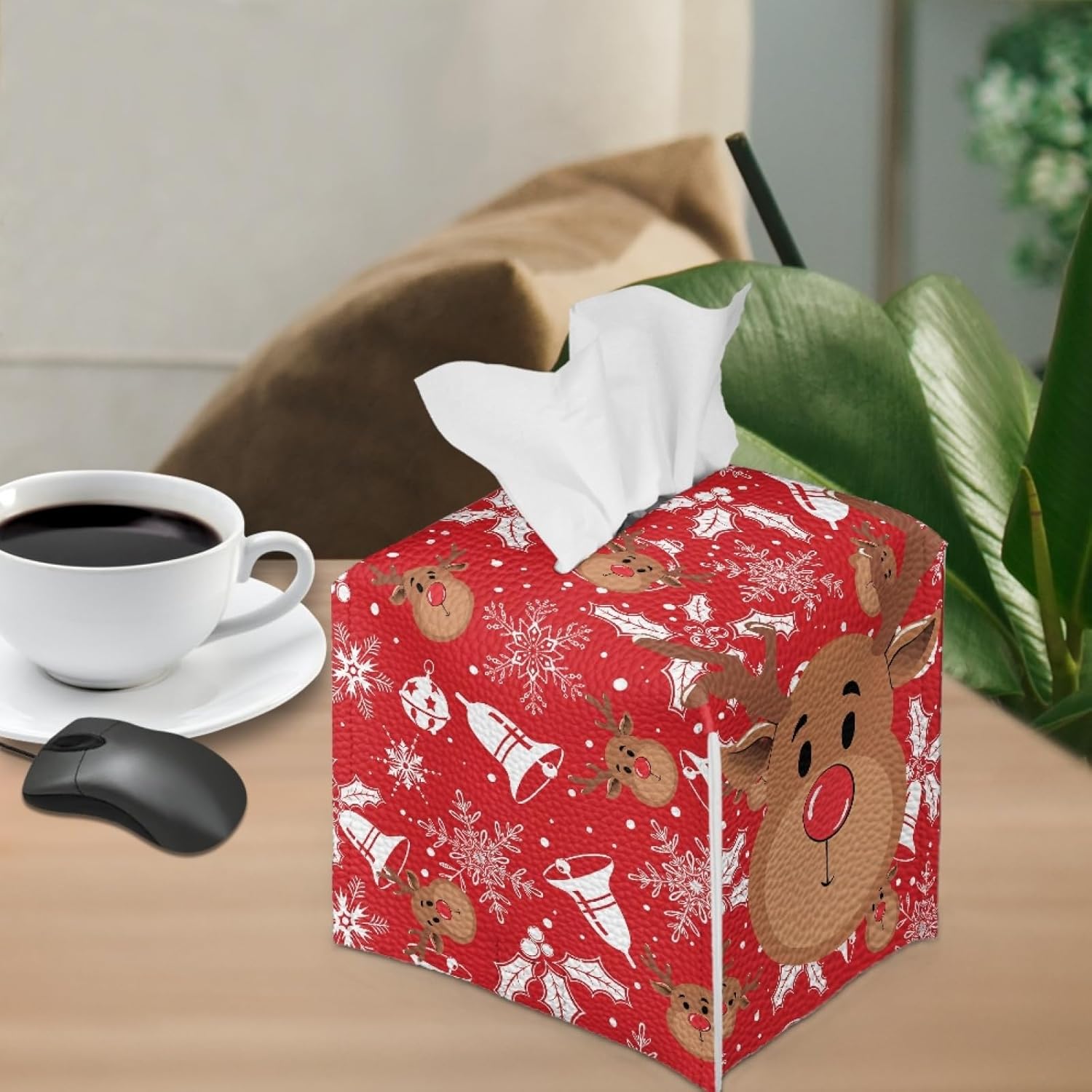 Funda para caja de pañuelos de Navidad, color rojo cuadrado para cocina, caja de pañuelos de alce de Navidad, cubierta para escritorio de oficina de