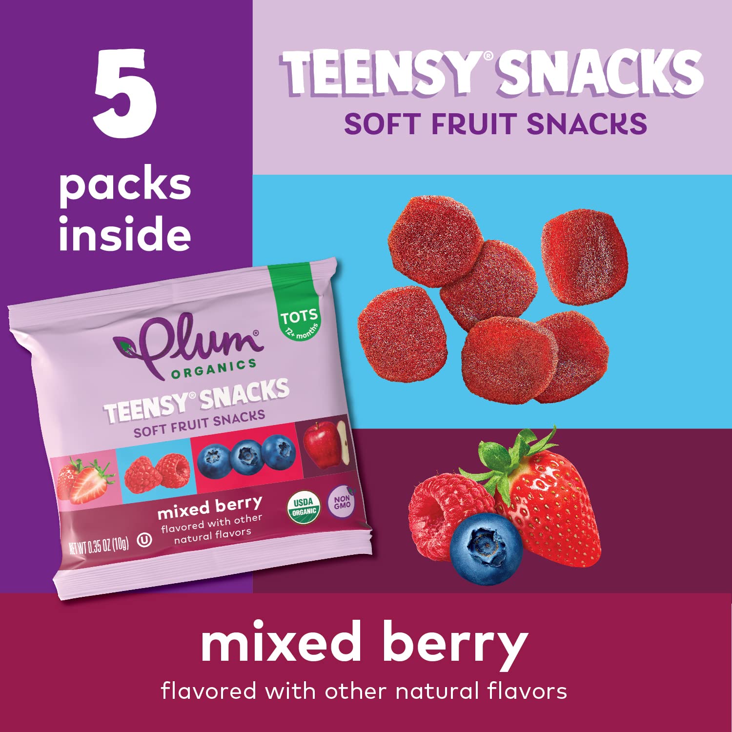 Plum Organics Teensy Snacks Snacks orgánicos de frutas para niños pequeños, bayas, bolsas de 1,75 onzas (caja de 8)