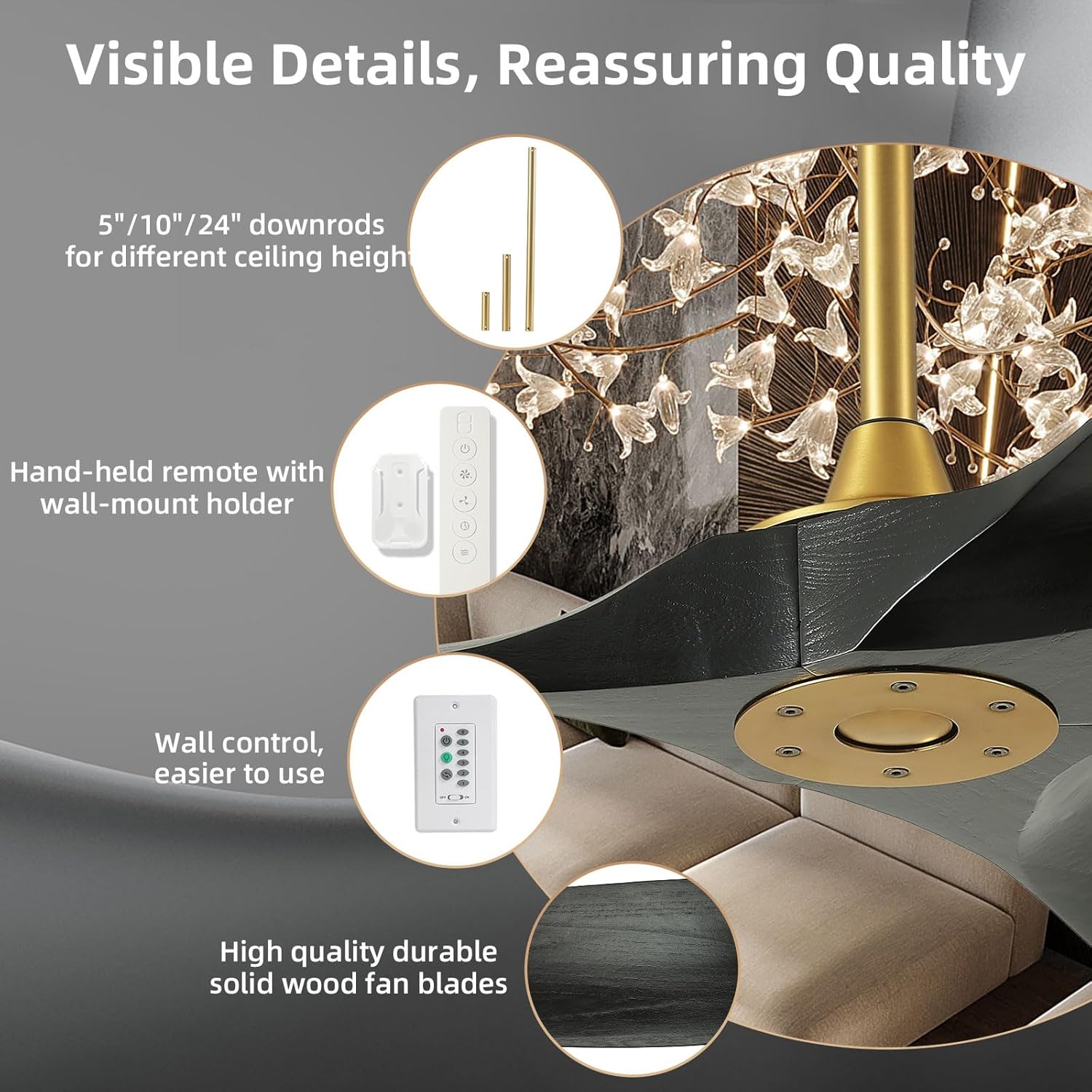 YZEENM 52 Inch Black and Gold Ceiling Fan with Wall Control Switch and Remote Control, Modern Outdoor Ceiling Fans No Lights, 3 Blade Wood Propeller