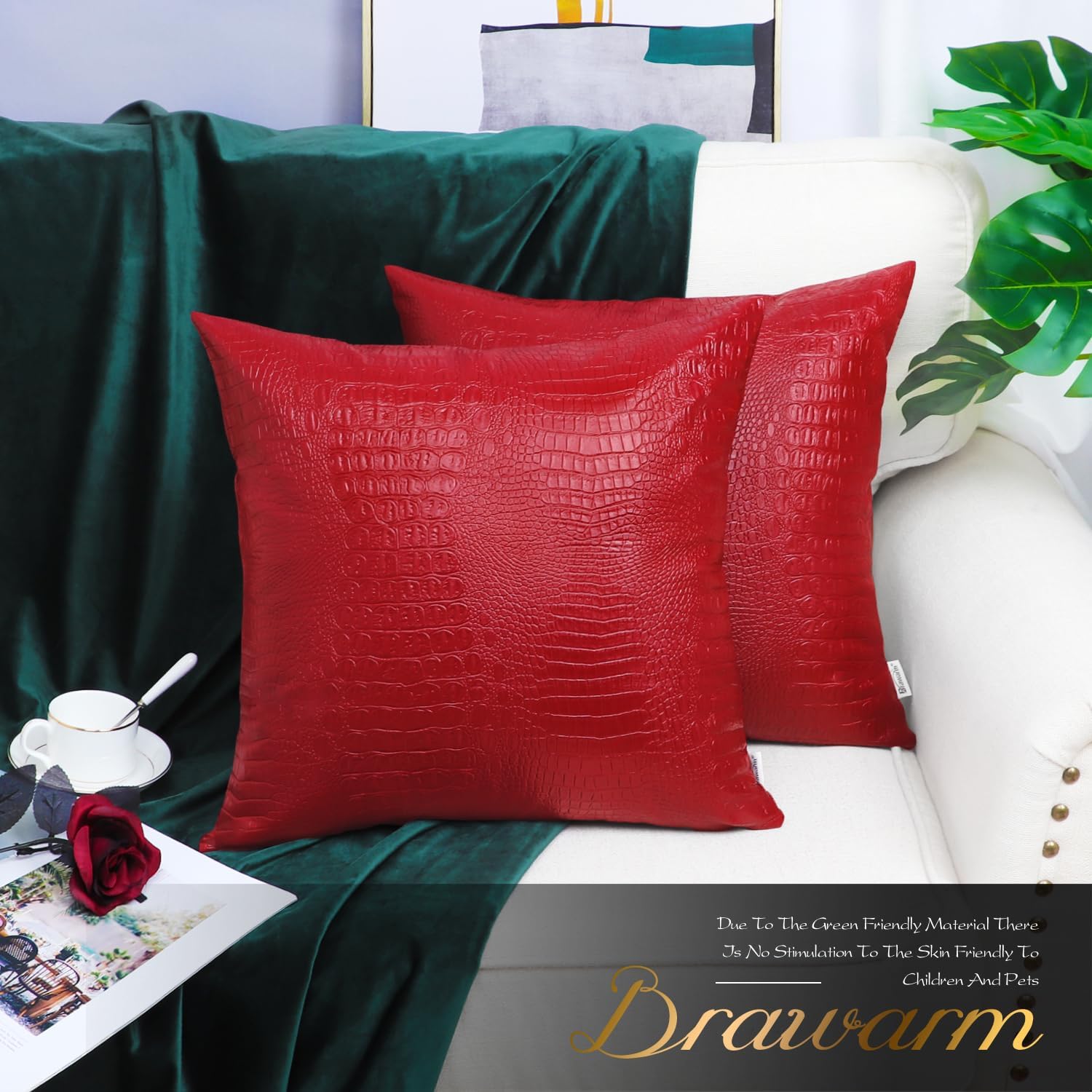 Juego de 2 fundas de almohada BRAWARM para sofá, decoración del hogar, color liso y suave de piel sintética de cocodrilo en ambos lados.