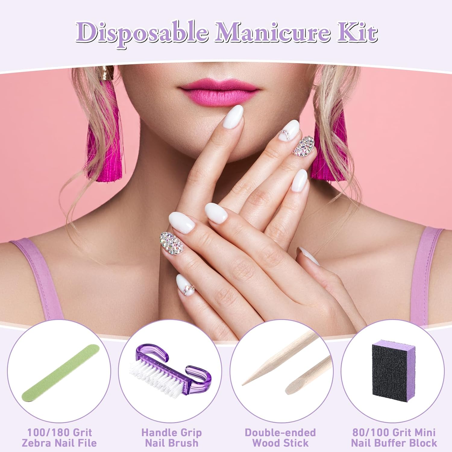 Juego de 100 juegos de manicura desechable profesional, básico de 4 piezas, lima de uñas de madera, grano 100180, mini amortiguador de grano 80100,