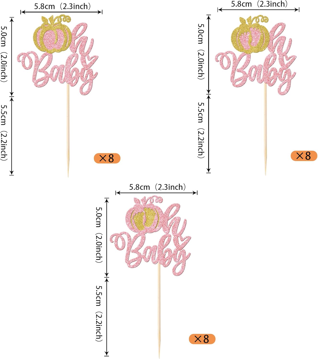 Paquete de 24 adornos para cupcakes de calabaza Oh Baby con purpurina para revelación de género, palillos de dientes, decoración de pastel de baby