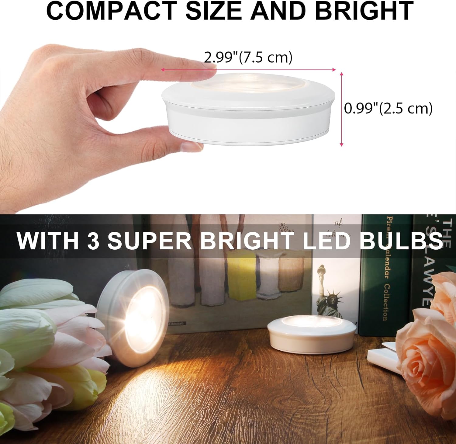 Luces LED de disco para grifo, mini luces de empuje a pilas, iluminación LED debajo del gabinete, luces adhesivas, luces nocturnas de armario de
