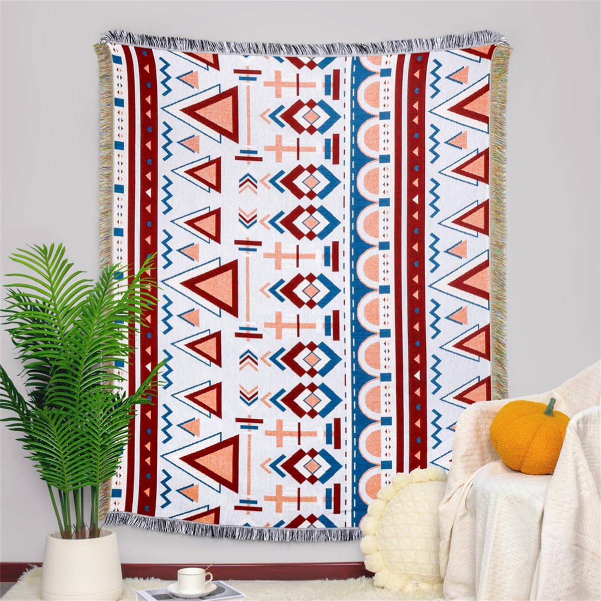 FSTFLI Manta azteca bohemia con borlas, mantas tejidas coloridas para cama, sofá, silla, nativos de América del suroeste, manta de tapiz para viajes