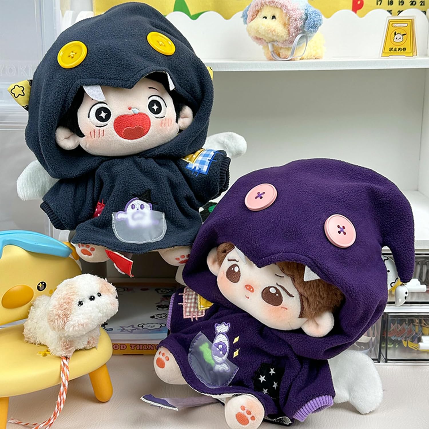 CALEMBOU Juego de ropa de muñeca de felpa de 7.9 in, bonita capa de fantasma con pantalones, ropa de muñeca de Halloween para animales de peluche