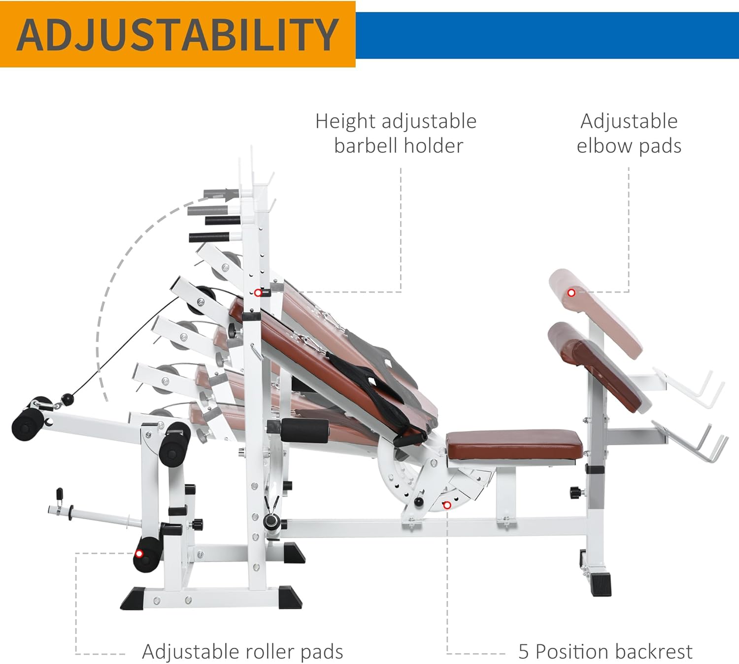 Soozier Soporte de pesas de cuerpo completo para múltiples ejercicios con prensa de banco, extensión de piernas, banda de resistencia a moscas en el