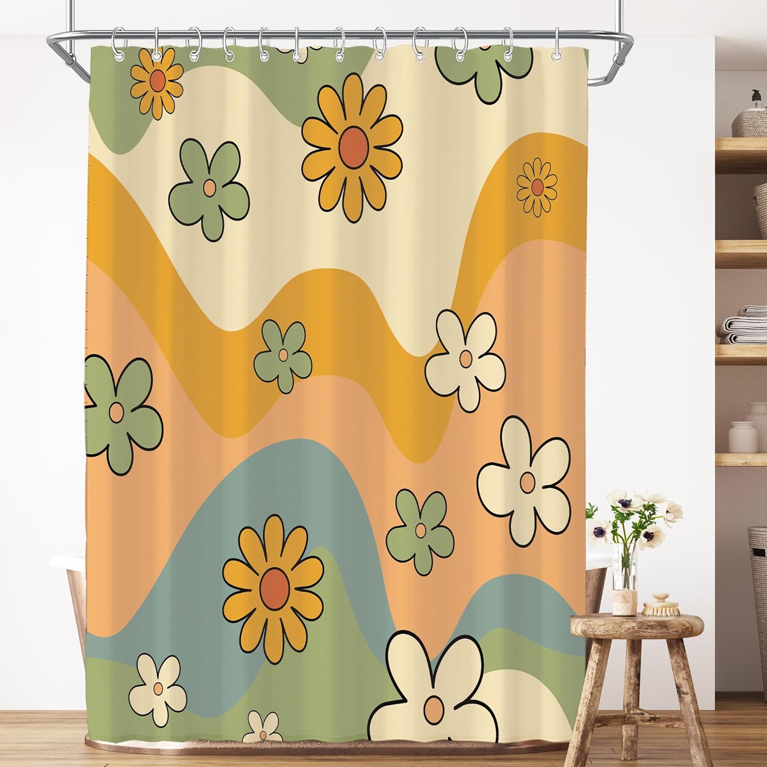 Cortina de ducha vintage con estética retro de los años 70 para baño, 72 pulgadas de ancho x 72 pulgadas de alto, diseño de margaritas abstractas,
