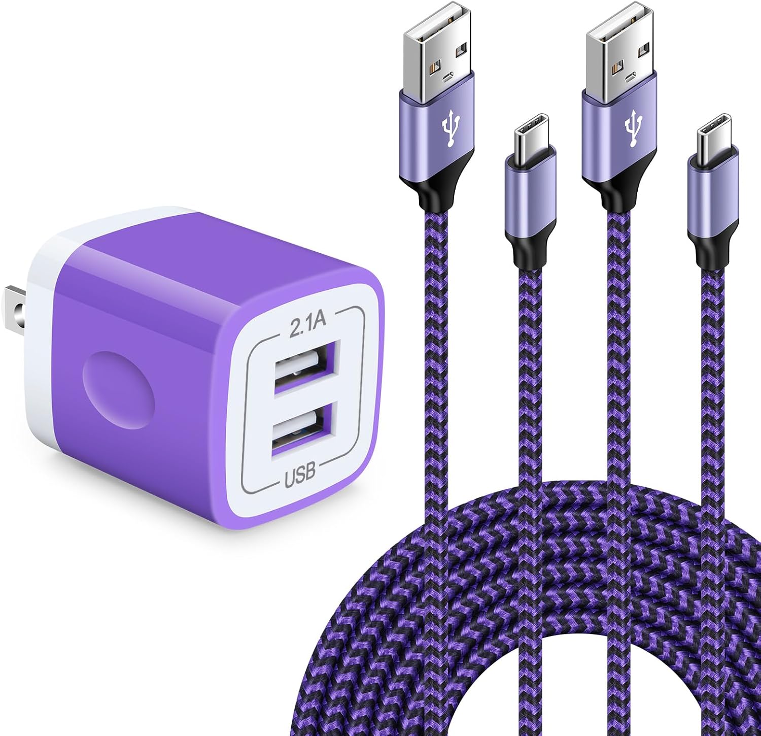 Cargador USB de pared para teléfono, bloque de carga, enchufe de ladrillo con 2 cables de carga tipo C de 6 pies para Samsung Galaxy S24 S23 S22 S21