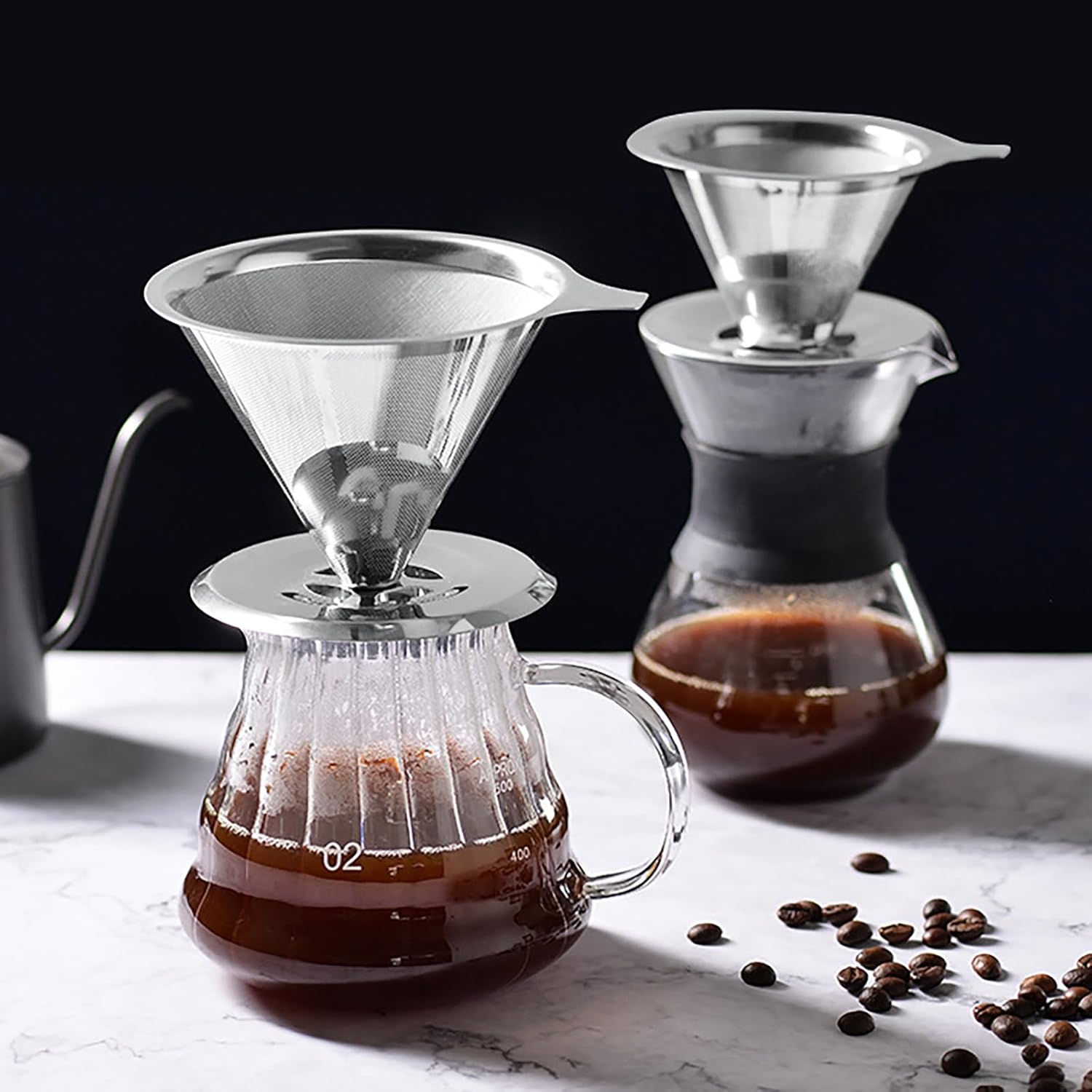 MOSHOU Verter sobre el gotero de café, filtro de café de goteo lento de acero inoxidable, cono de metal, filtro de café reutilizable sin papel de