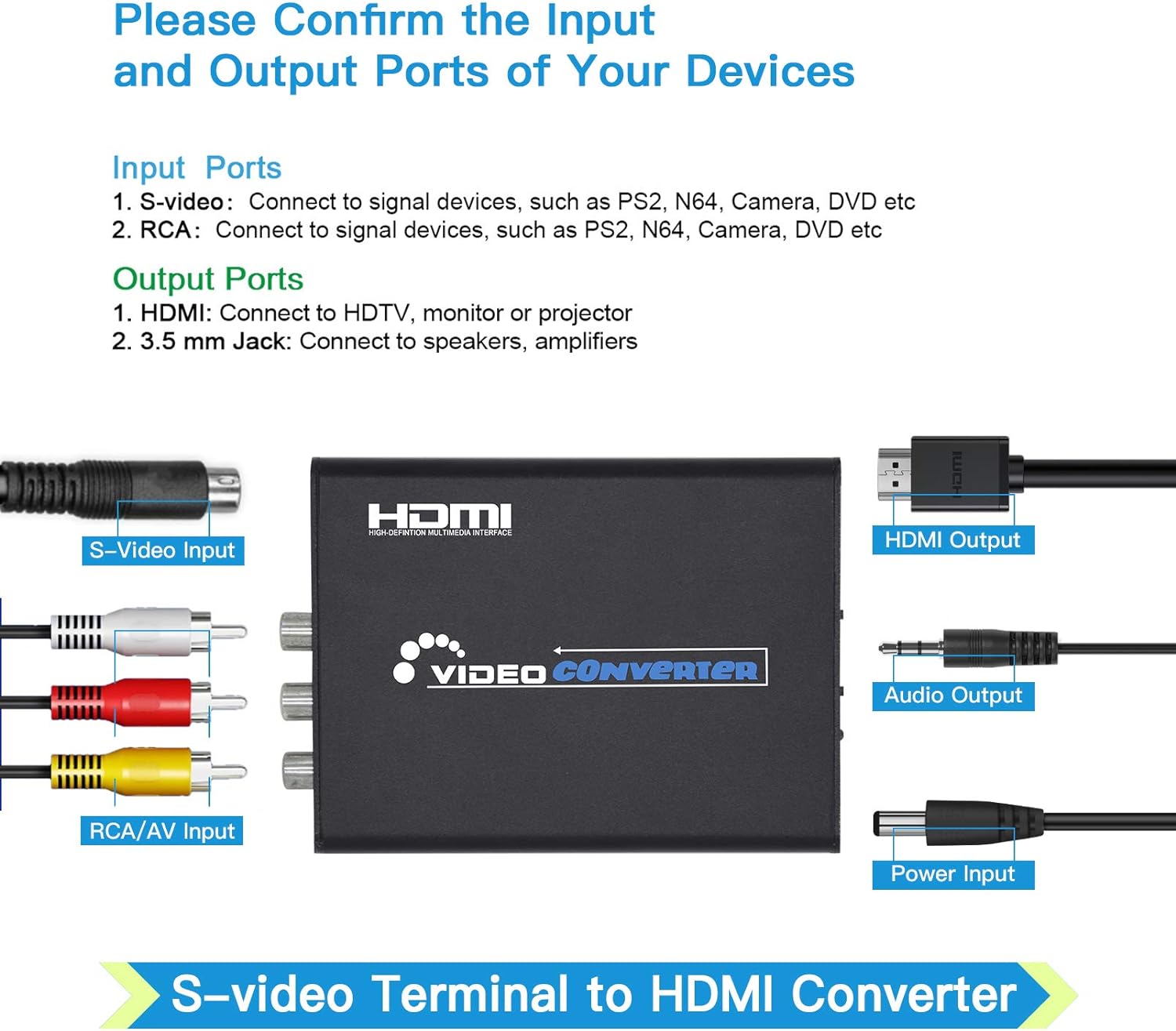 Convertidor RCA Svideo a HDMI con cables RCA + S-Video, RCA compuesto CVBS AV o Svideo + entrada de audio RL a salida HDMI Convertidor de lujo