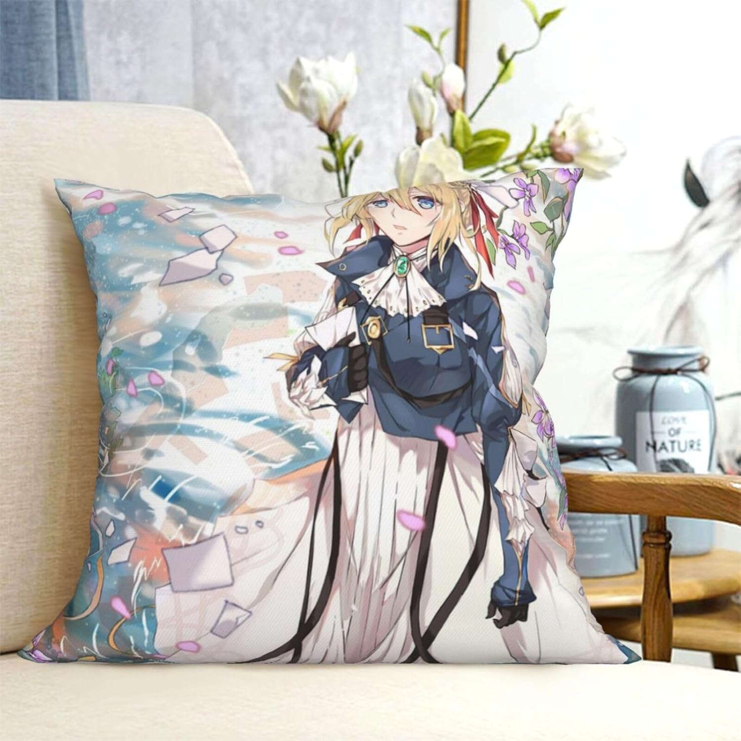 Evergarden – Fundas de almohada violeta con diseño de animación, decoración del hogar, funda de almohada para sofá, asiento de automóvil, ropa de