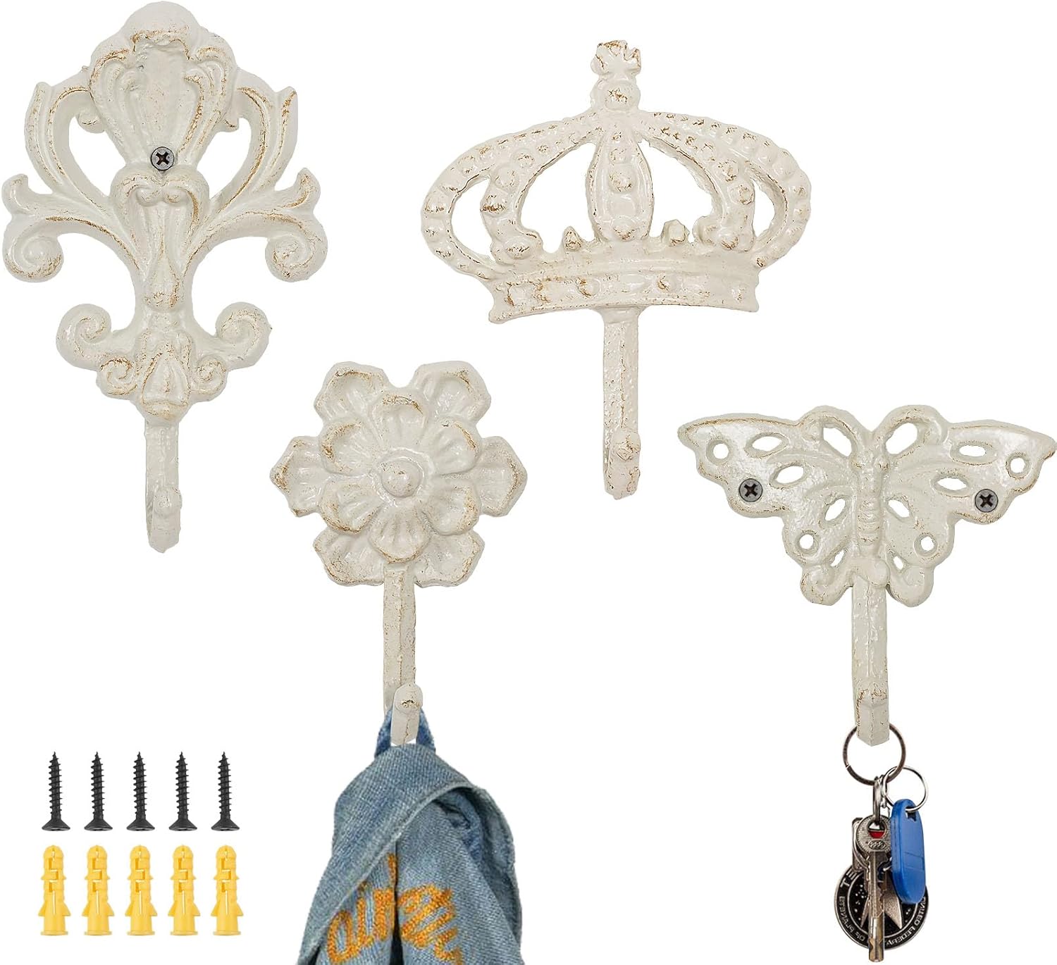 4 ganchos decorativos de pared vintage, gancho rústico de hierro fundido montado en la pared, ganchos decorativos resistentes para jardín al aire