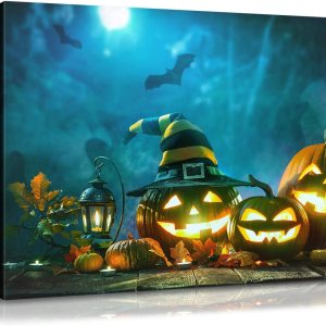 Denozer – Lienzo decorativo para pared, diseño de farol de calabaza de Halloween, para decoración de pared del hogar, estirado y enmarcado, listo Denozer – Lienzo decorativo para pared, diseño de farol de calabaza de Halloween, para decoración de pared del hogar, estirado y enmarcado, listo