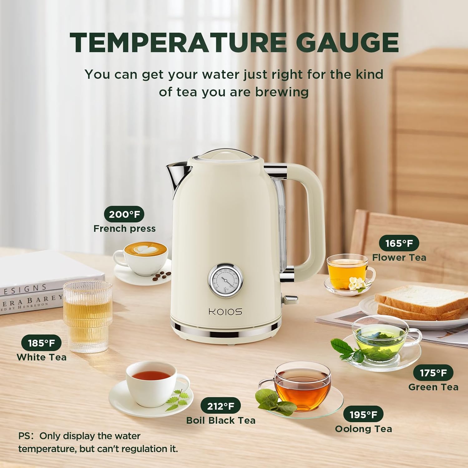 KOIOS – Hervidor de té eléctrico con termómetro, caldera de agua rápida de acero inoxidable sin BPA de 1.7L 1500 W con indicador LED, olla de té