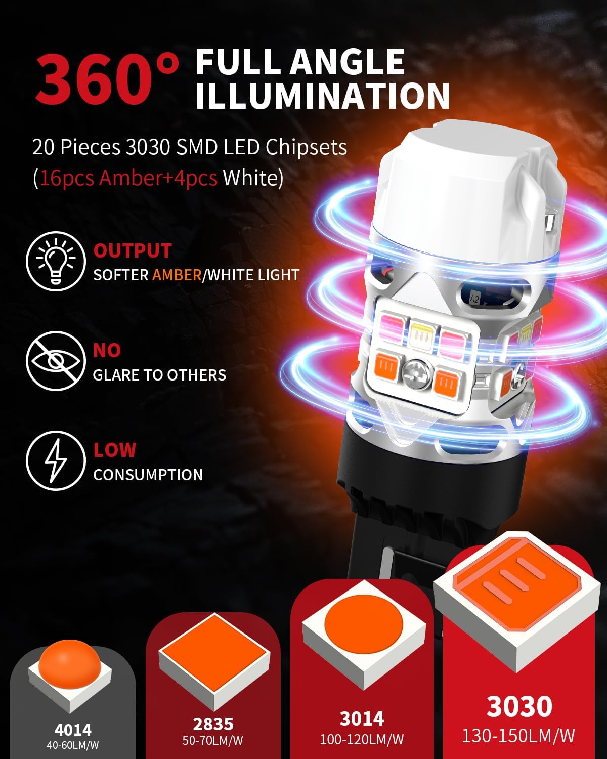 LASFIT Bombilla LED T3 7443 7444 Switchback – Señal de giro frontal CANBUS sin errores, blanco ámbar, nuevo 500% brillante intermitente 7443NA