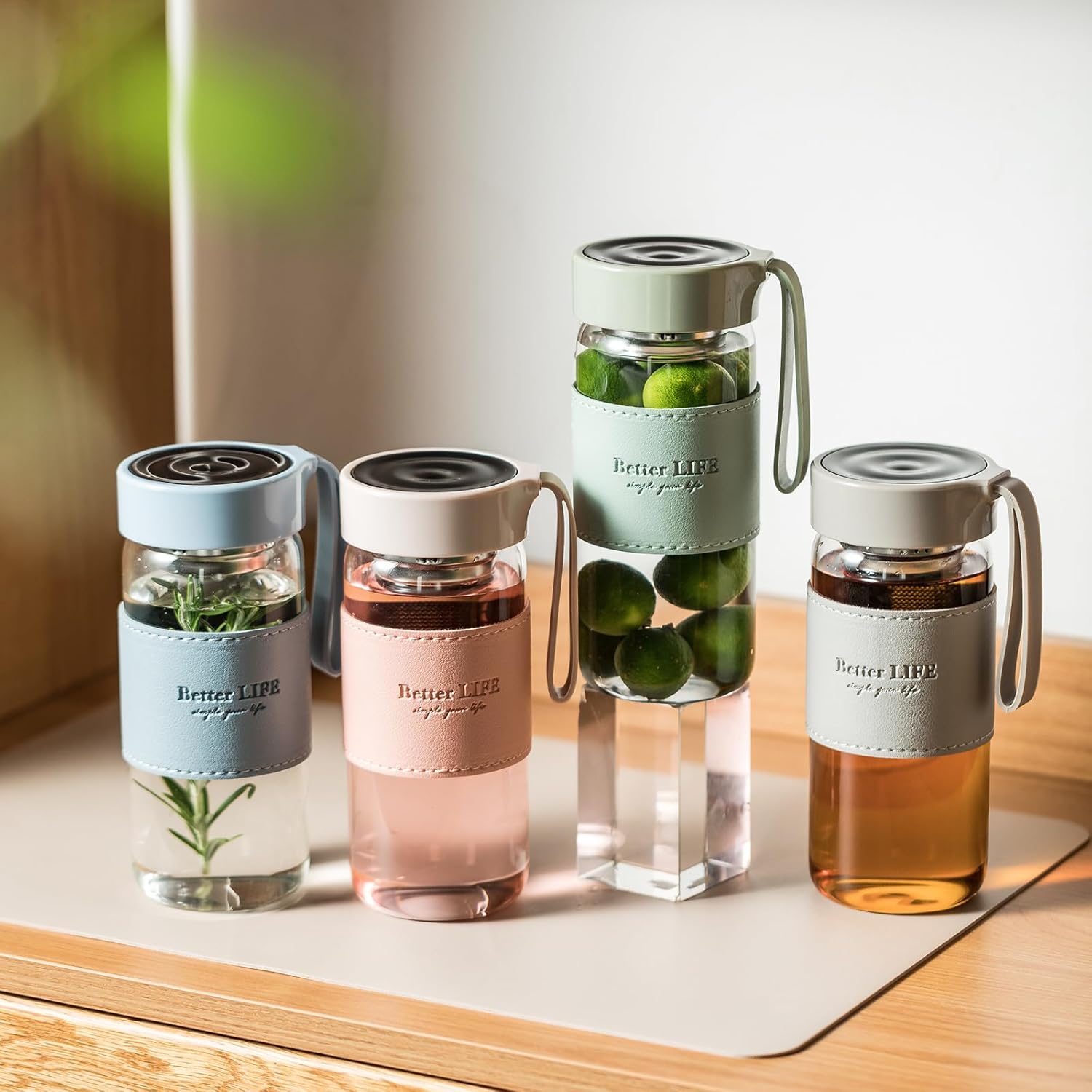 Botella de té de vidrio de 16 onzas con funda antideslizante e infusor de té inoxidable, tapa a prueba de fugas, botella de agua de vidrio portátil