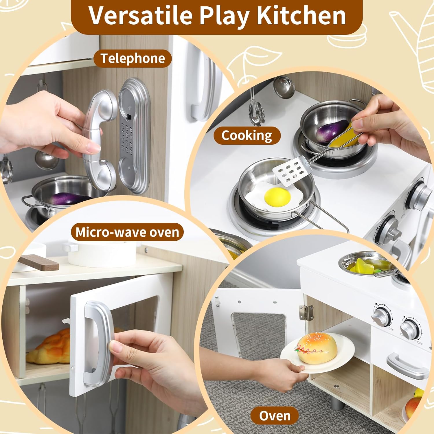 Arlopu Juegos de cocina preescolar, juego de cocina de simulación de madera, juego de cocina pequeño para niños pequeños con teléfono, estufa,