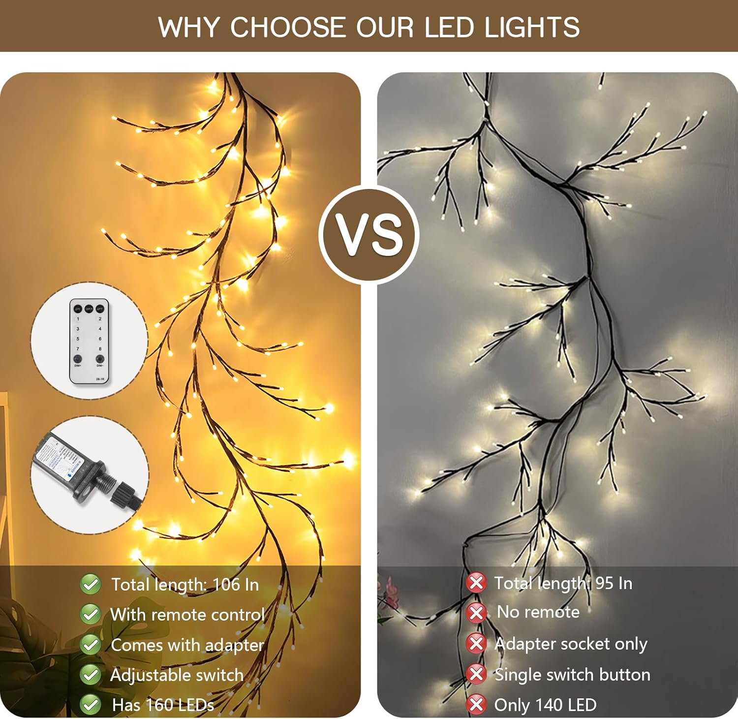 160 luces LED de vid de 9 pies para decoración de habitación con control remoto, 8 modos y temporizador, plantas de interior, flores, árbol de