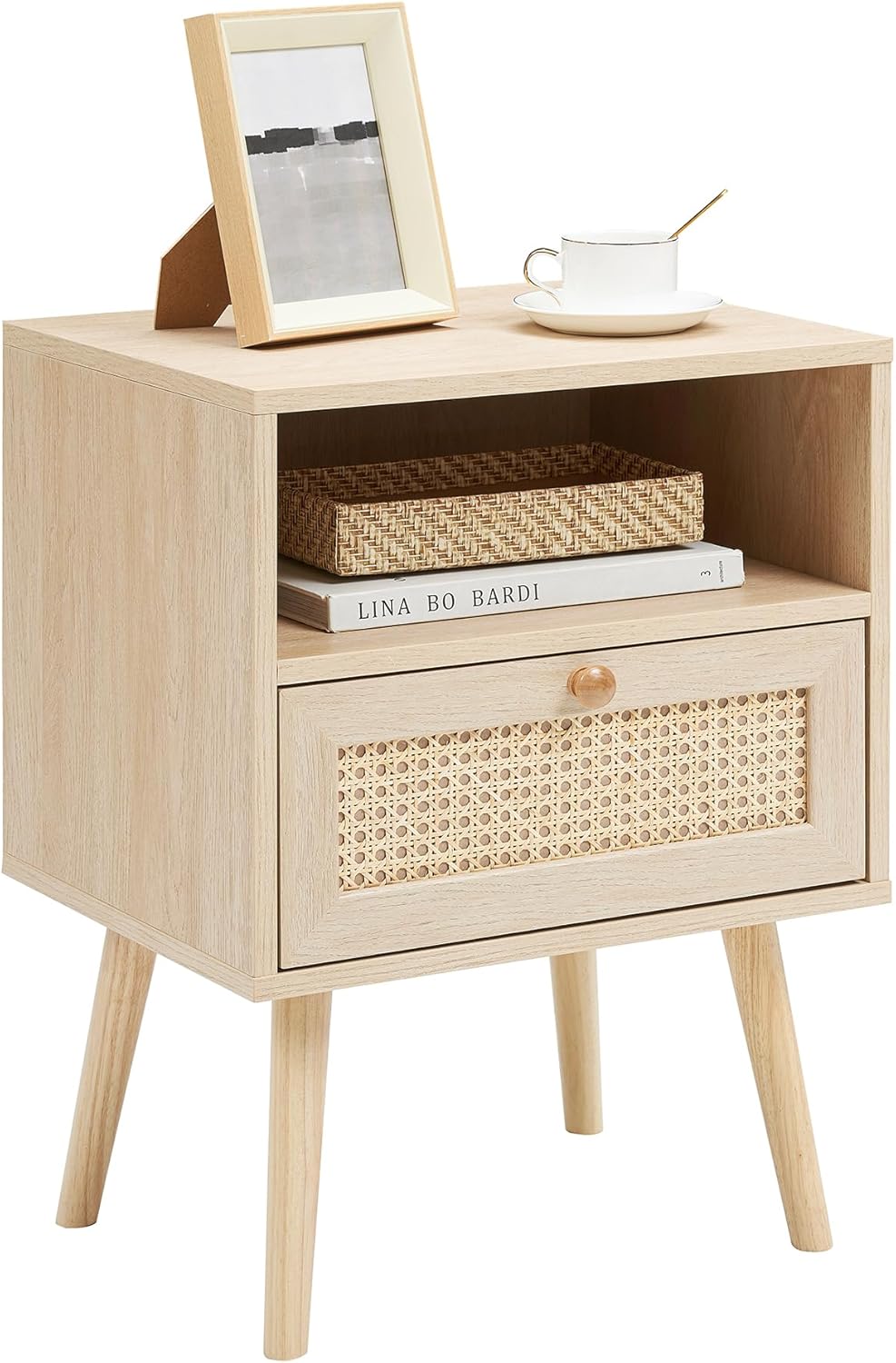 IDEALHOUSE Mesita de noche de ratán, mesa auxiliar con cajón, mesa auxiliar con estante de almacenamiento para dormitorio, sala de estar, dormitorio