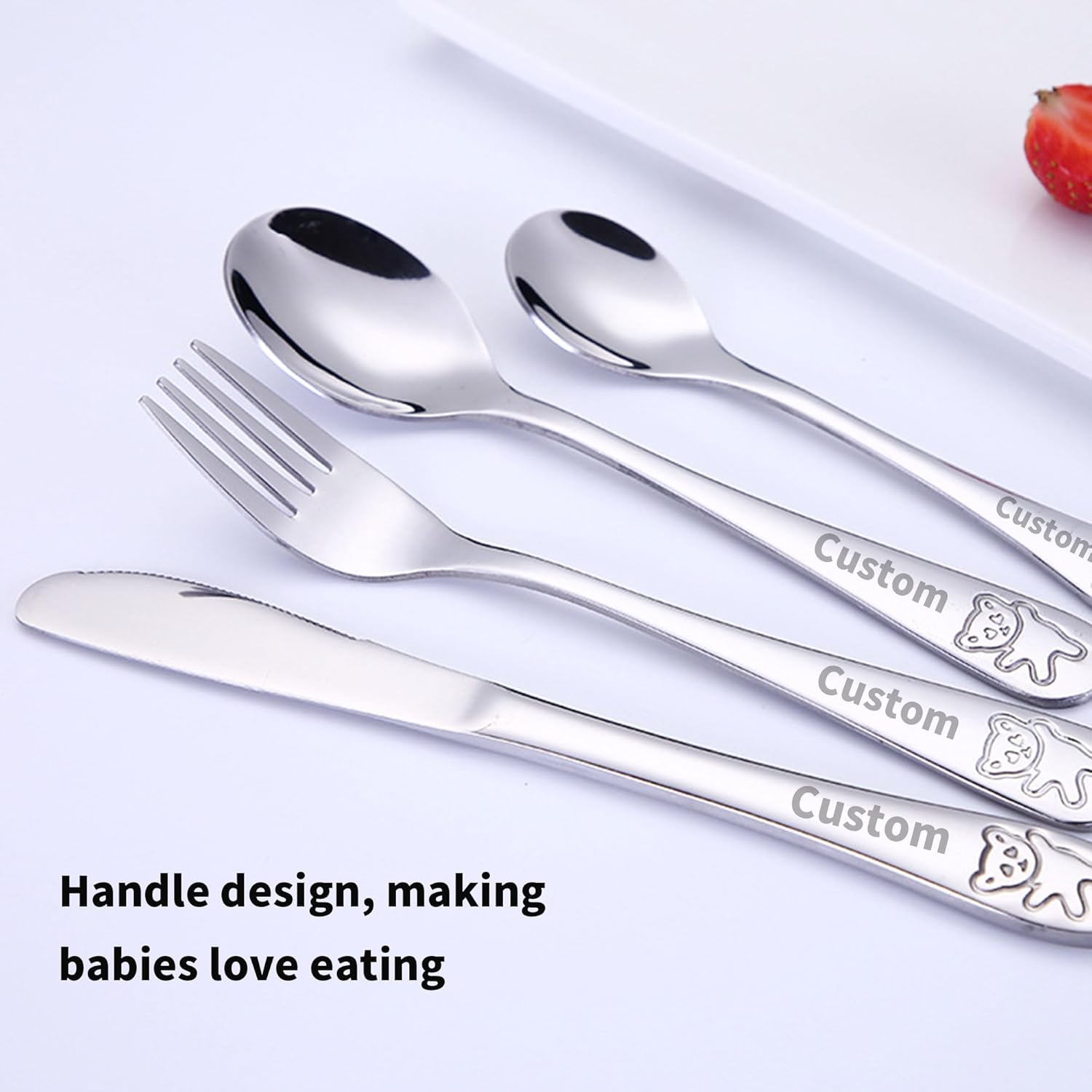 Juego de cubiertos personalizados de 4 piezas para niños pequeños, cubiertos de acero inoxidable grabados de metal de 7 pulgadas, incluye tenedor,