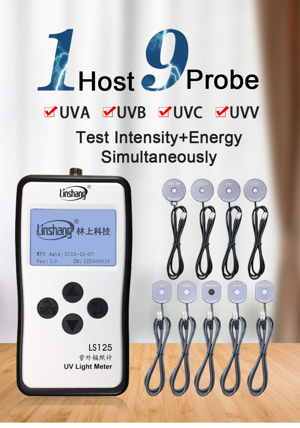 LS125 Medidor de luz UV Prueba de energía ultravioleta Energía de intensidad UV para UVA LED UVB UVC Sensor impermeable… (LS125, medidor de luz