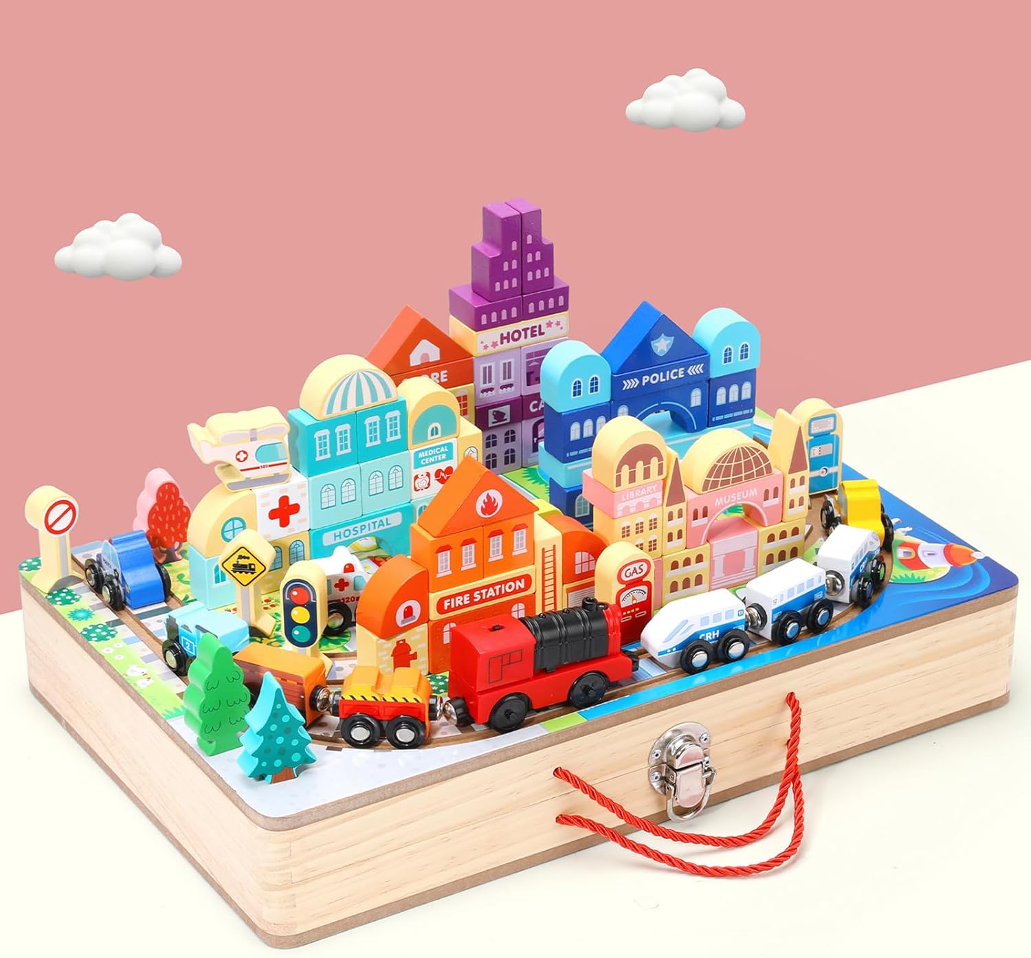 Juego de bloques de construcción de madera, tren eléctrico de construcción de ciudad, bloques apilables, juguetes educativos de aprendizaje