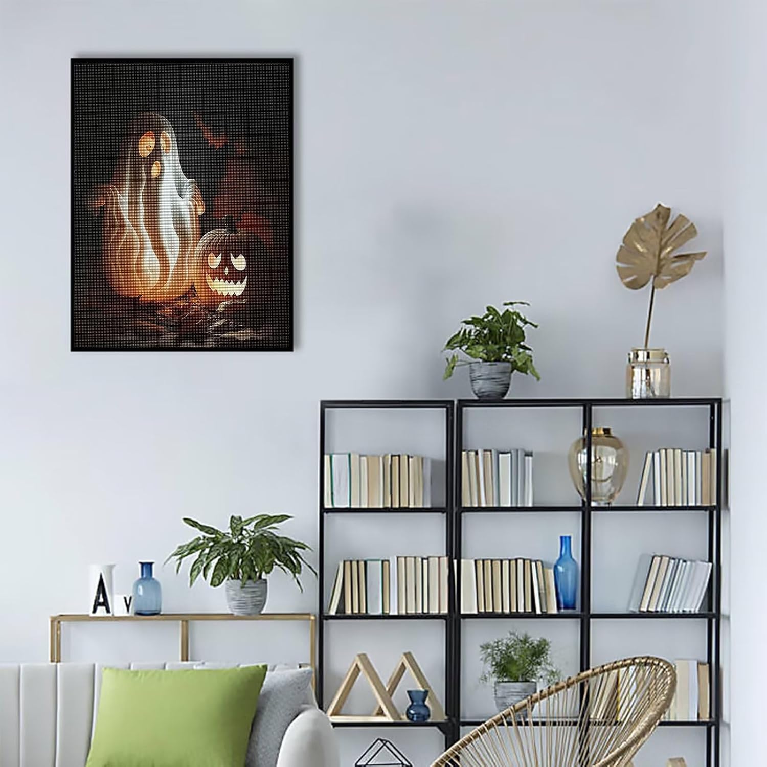Juego de pintura de diamantes, fantasmas y faroles de calabaza, pintura artística de diamantes 5D, pintura de la serie de Halloween, adecuada para