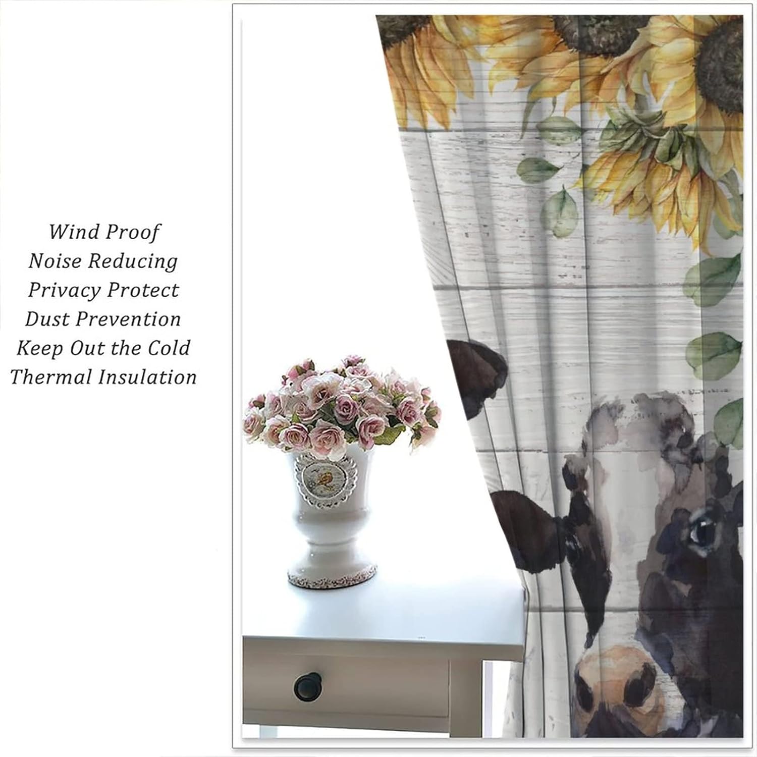 Cortinas de ventana de vaca, divertidas cortinas de granja, vacas, animales, vacas, flores, girasol, oscurecimiento de habitación, ventana, ventana,
