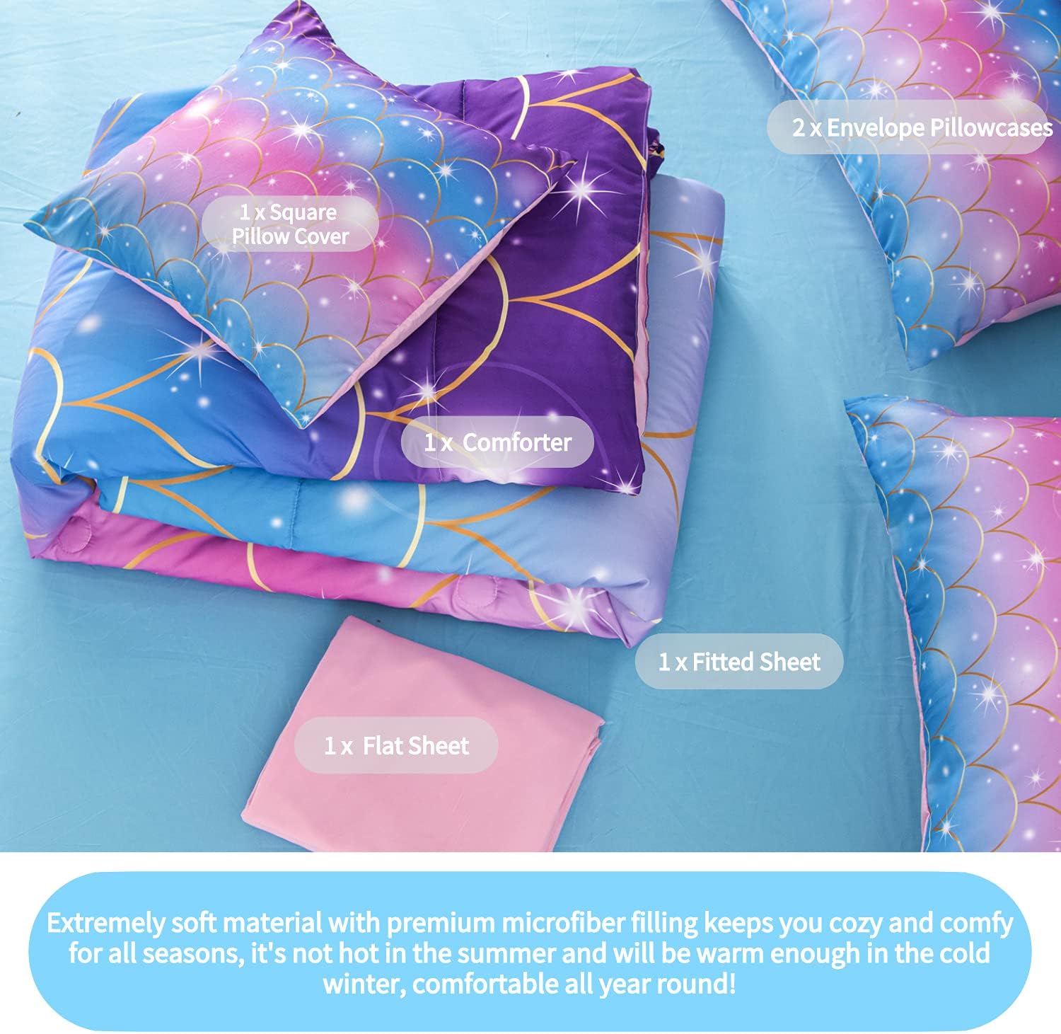 RYNGHIPY Juego de edredón de sirena brillante de 6 piezas, color verde azulado y rosa, tamaño Queen, juego de ropa de cama para niñas con purpurina