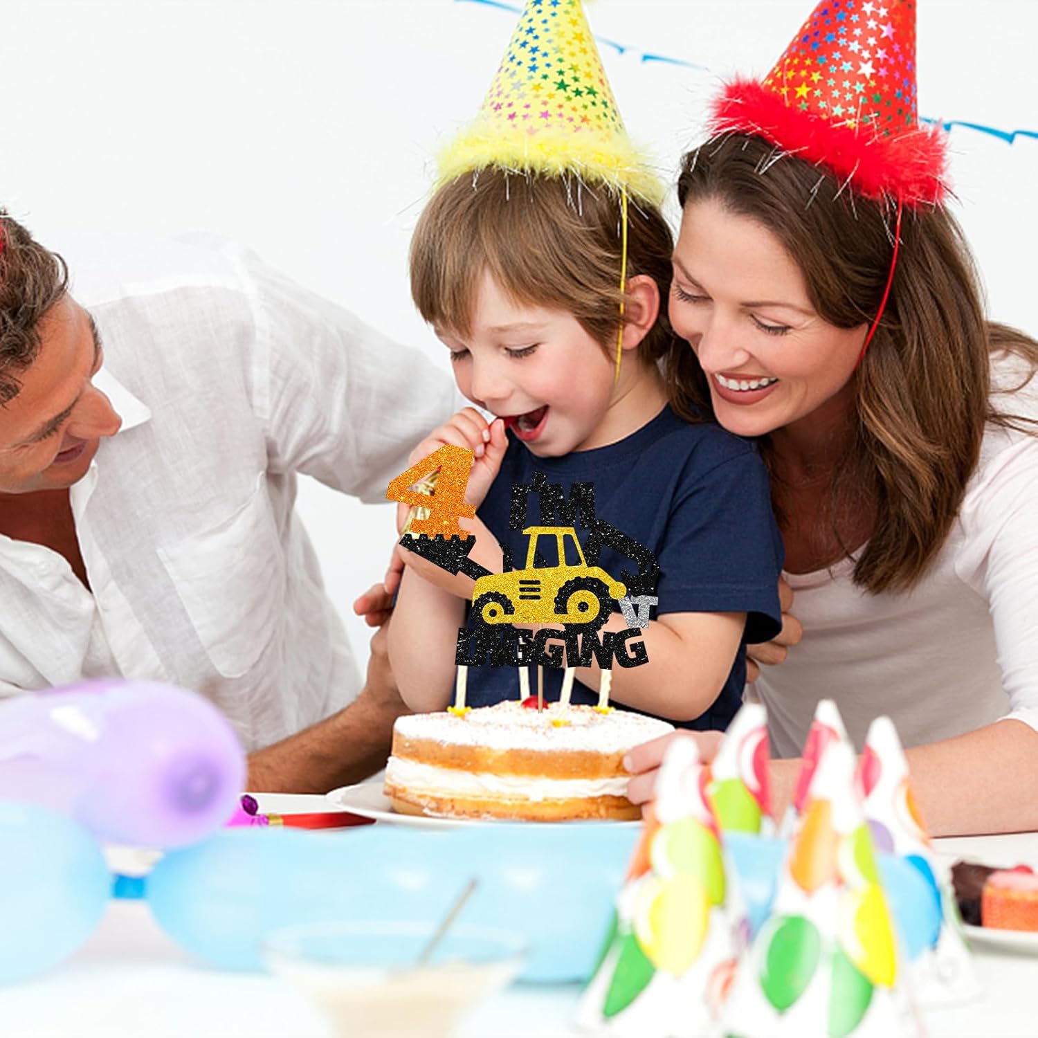 Decoración para tartas de 4 cumpleaños de construcción, excavadora, bulldozer, camión rodante, decoración de pastel de cuarto cumpleaños para niños,