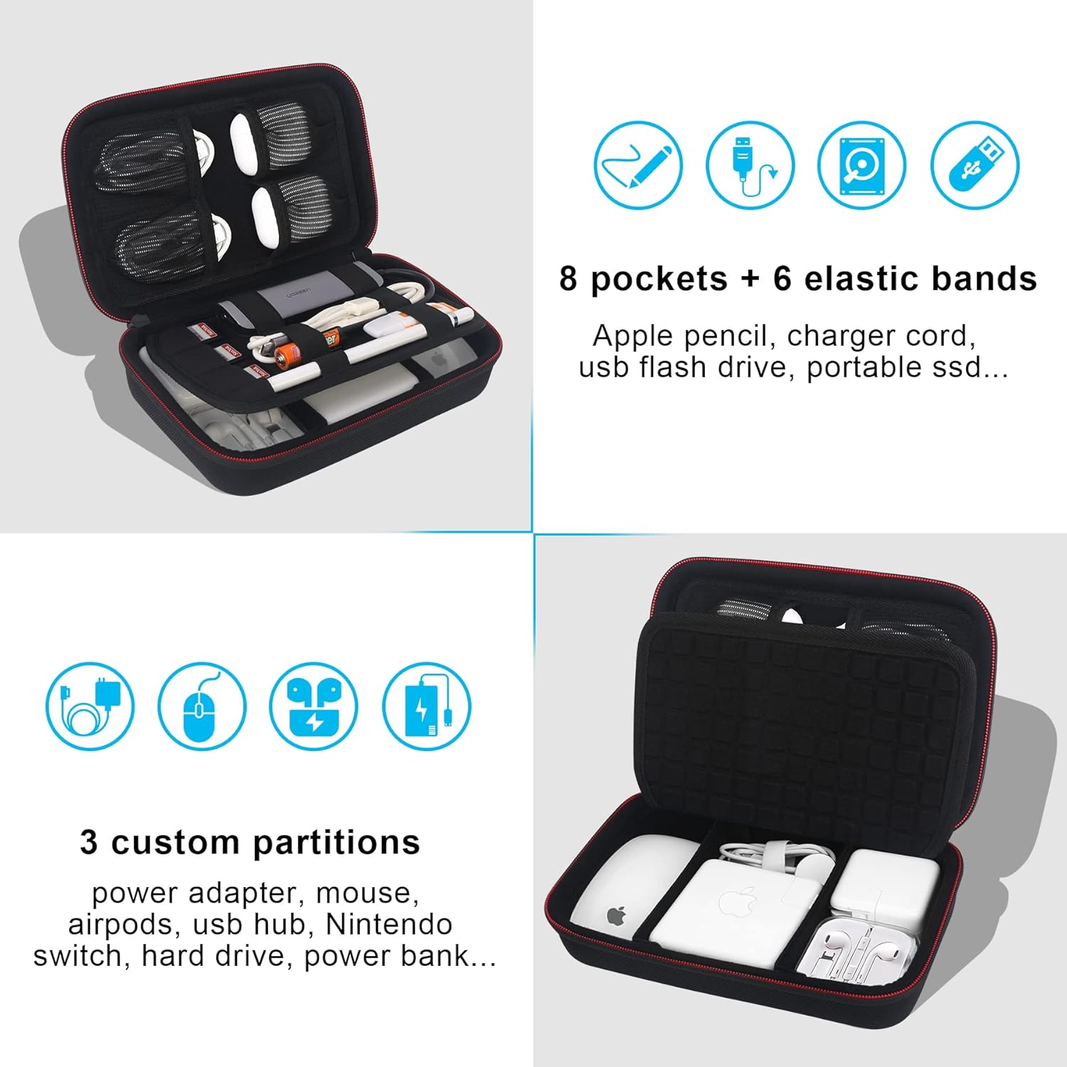 Organizador de cables de viaje duros, universal, pequeño, accesorios electrónicos, estuche de transporte para cargadores y cables, adaptador de