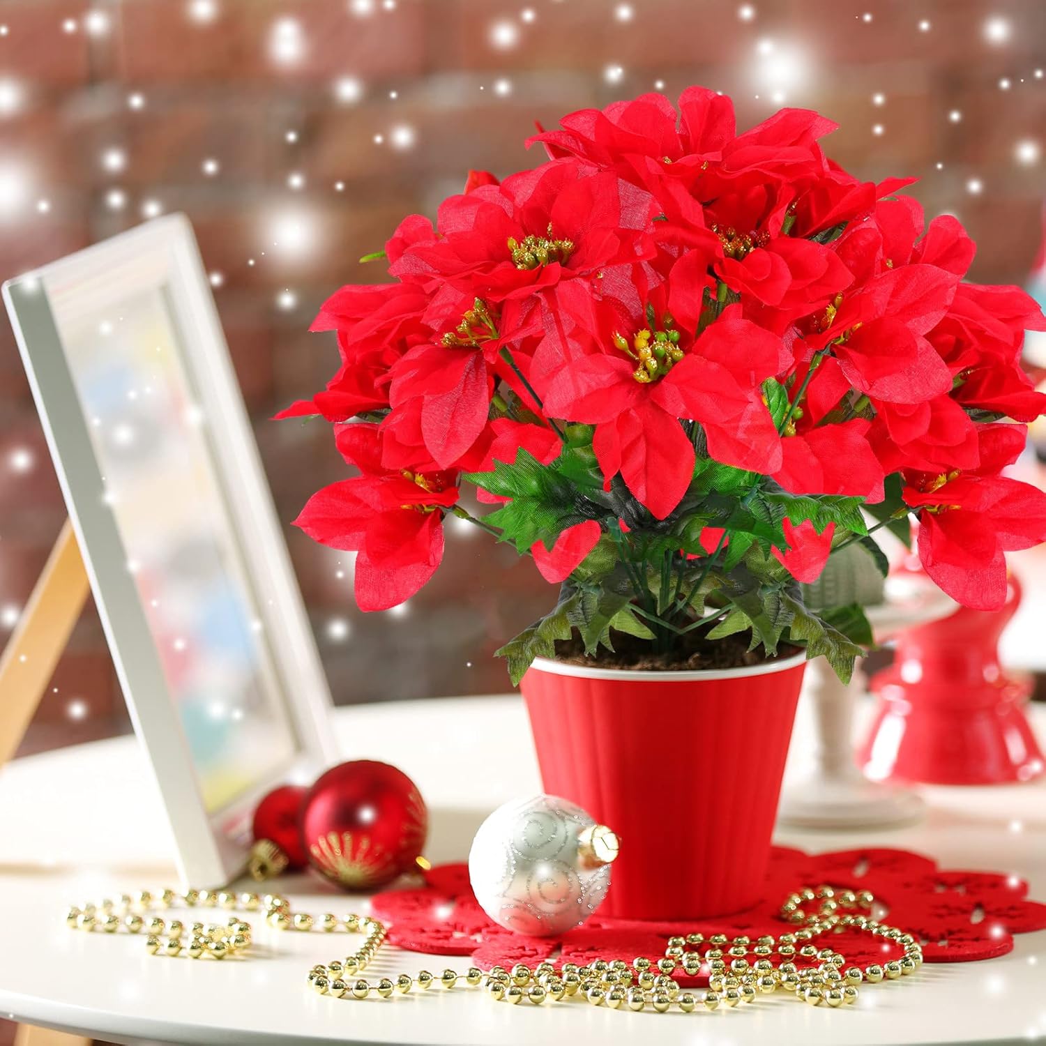 7 cabezas de flores de pascua artificiales de Navidad, ramos de flores de pascua sintéticas, adornos de árbol de Navidad de flor de pascua, adornos