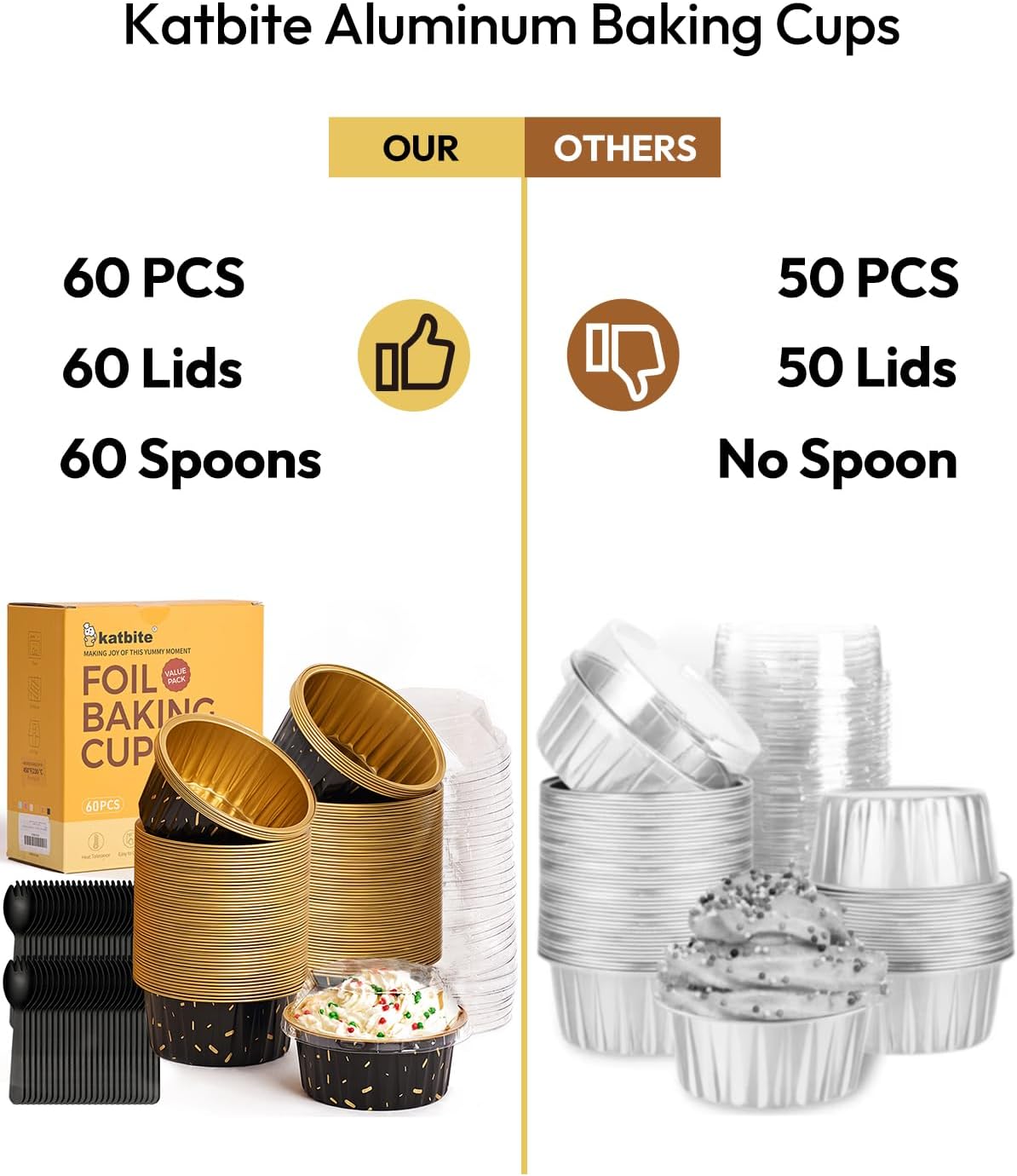 Katbite – Ramekins desechables con tapas, paquete de 60 tazas de papel de aluminio de 5 onzas para hornear, moldes para magdalenas para crema
