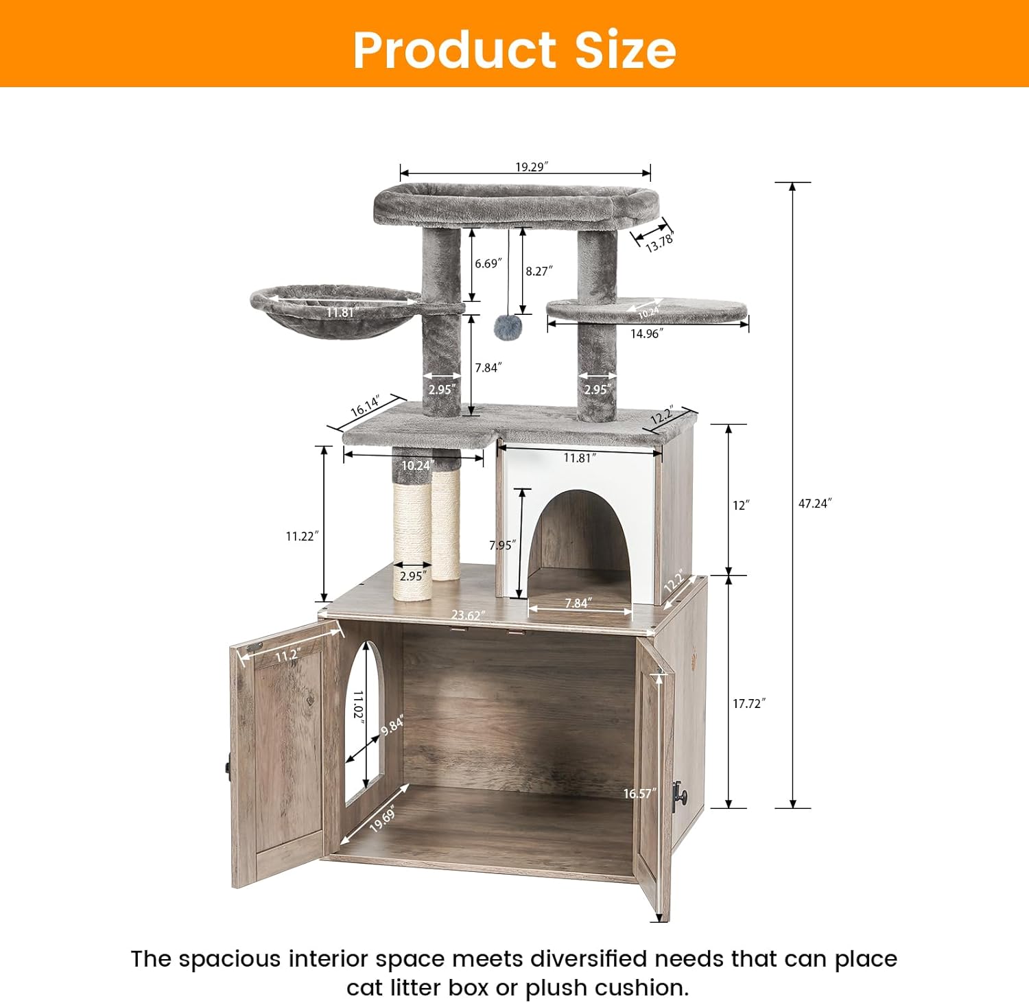 Snughome Caja de arena para gatos con torre de árbol para gatos y condominio, muebles ocultos para baño para gatos con poste rascador de sisal y