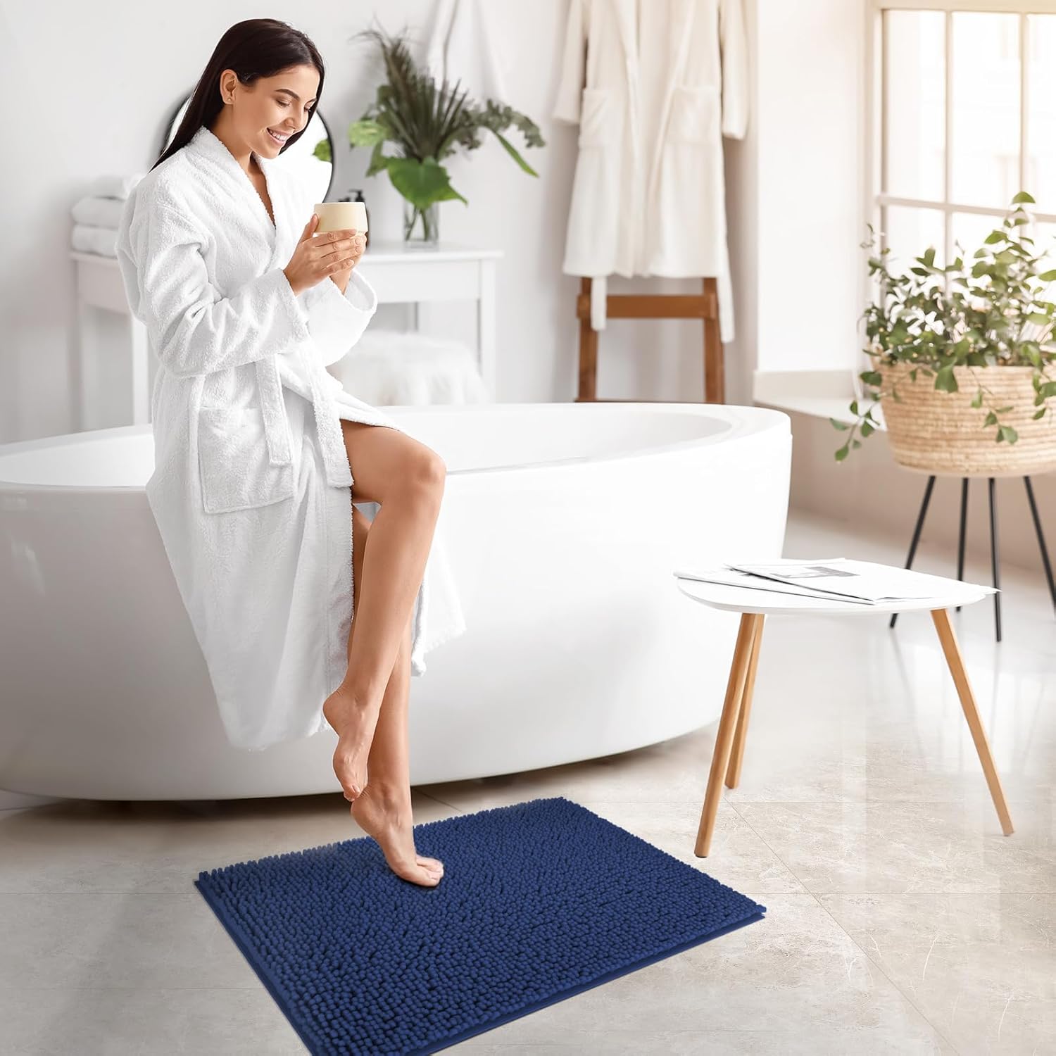 TECHMILLY Tapetes de baño de felpilla suave y esponjosa, antideslizantes, absorbentes, para baño, lavables y de secado rápido, color azul marino, 17