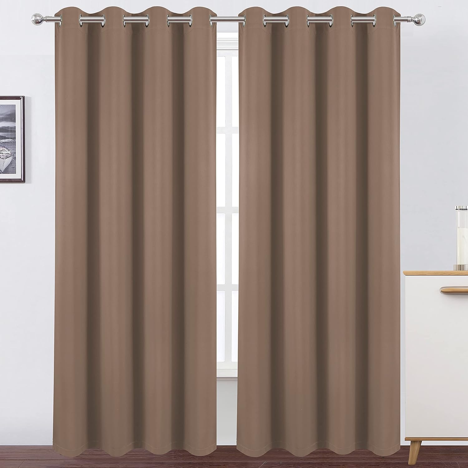 LEMOMO Cortinas capuchino 100% opacas con forro negro, 52 x 84 pulgadas, juego de 2 paneles con aislamiento térmico para oscurecer la habitación