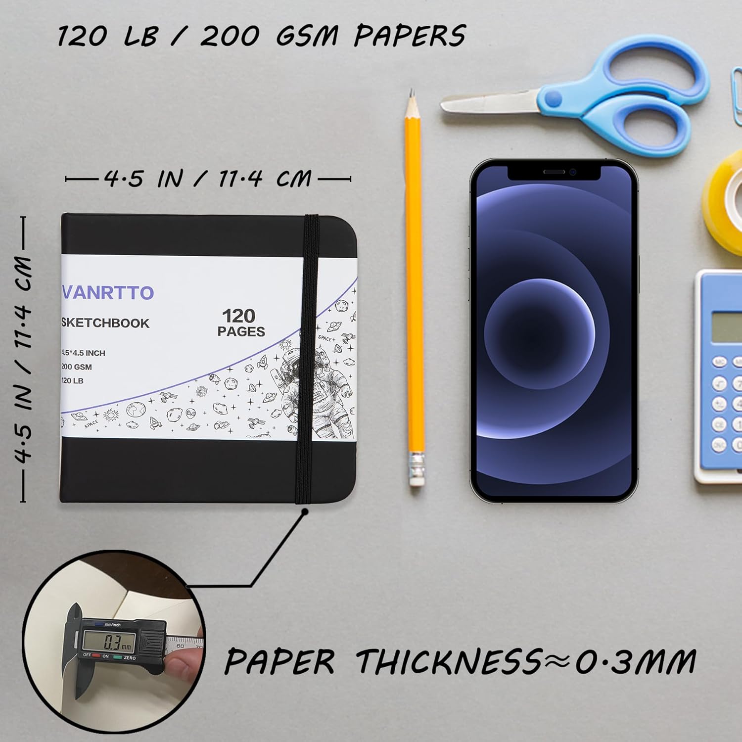 VANRTTO Cuaderno de bocetos cuadrado de tapa dura, 120 libras200 GSM, papel de dibujo grueso para marcador, acuarela, medios mixtos, cuaderno de
