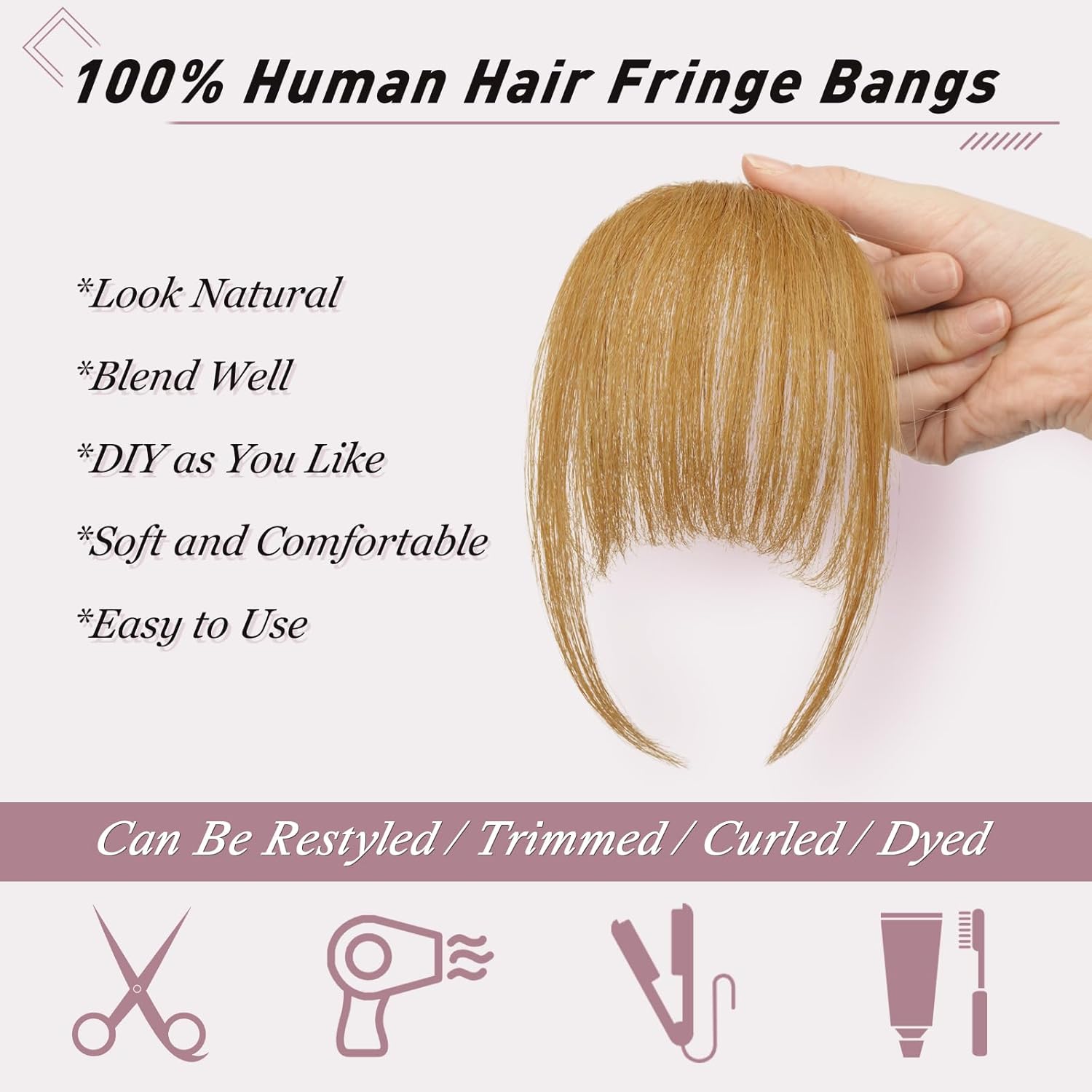 RUWISS Flequillo con clip, extensiones de cabello humano real con fleco de sien, extensiones de cabello con clip, para mujer, para uso diario (rubio)