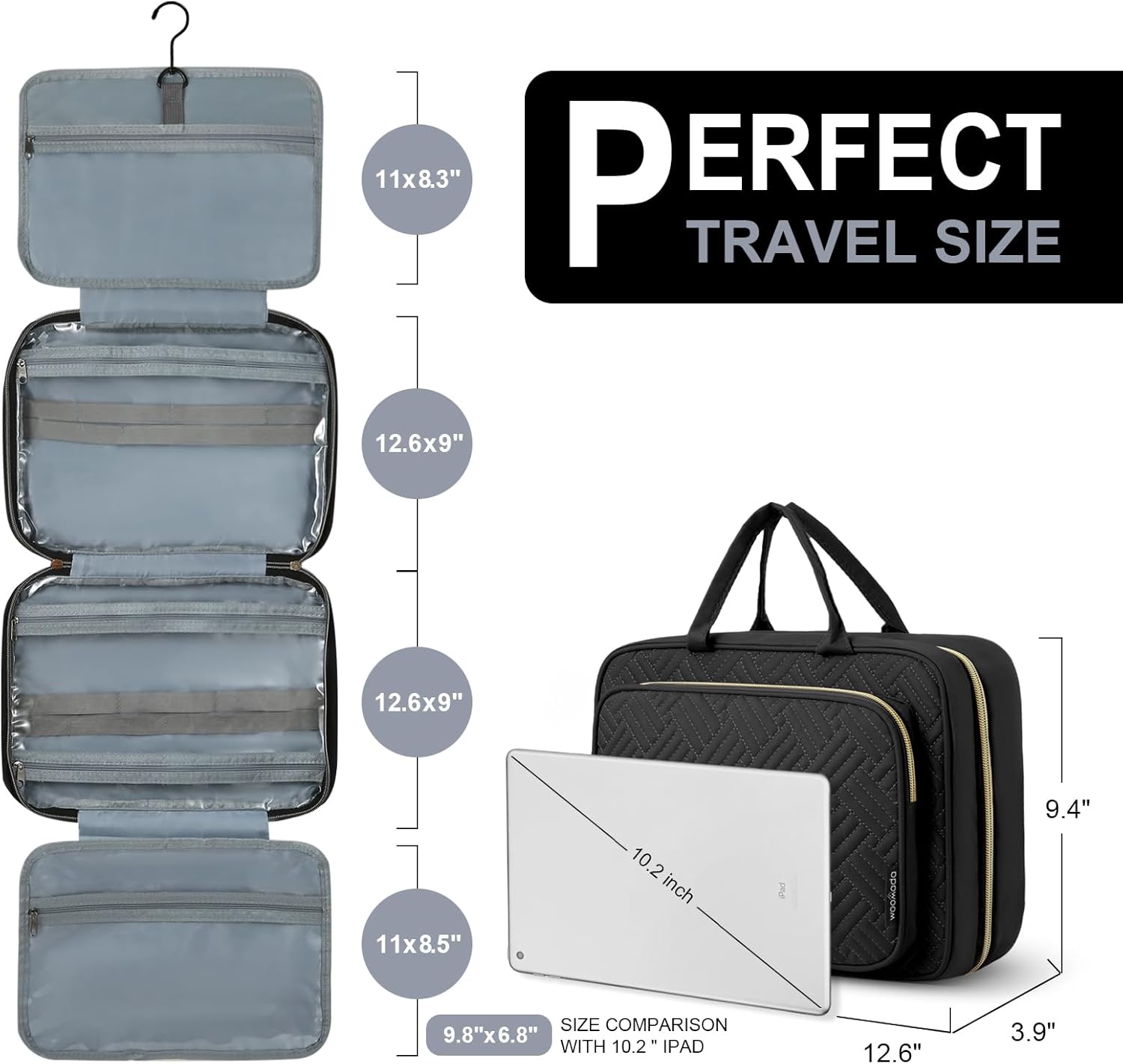 WOOMADA Neceser con gancho para colgar, bolsa de aseo de viaje de lona, bolsa grande de maquillaje de viaje, organizador de cosméticos para juego de