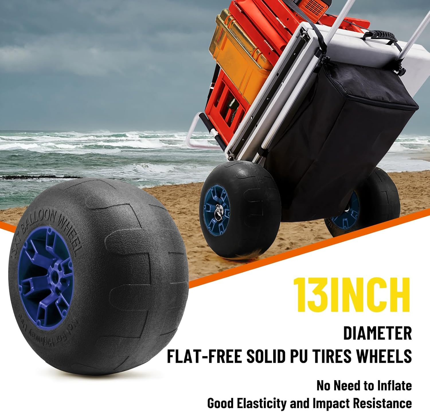 Carros de playa, ruedas grandes de 13 pulgadas, neumáticos de espuma sintética sólida para arena, carrito de arena plegable de carga de 165 libras y