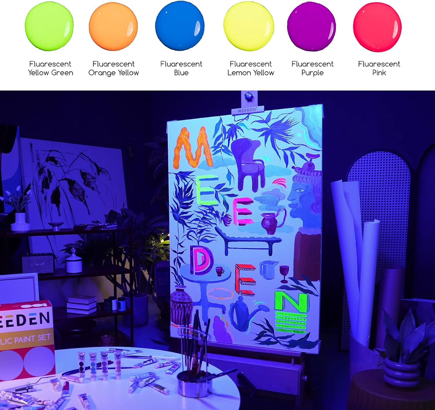 MEEDEN Juego de pintura acrílica fluorescente, 6 colores de alto flujo (2 onzas, 2.0 fl oz), acrílico líquido neón, pinturas que brillan en la