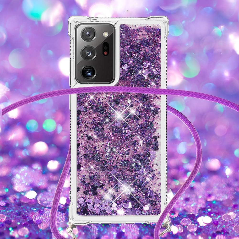 Asuwish Funda para teléfono Samsung Galaxy Note 20 Ultra 5G con correa cruzada, con purpurina líquida, transparente, delgada, funda protectora para