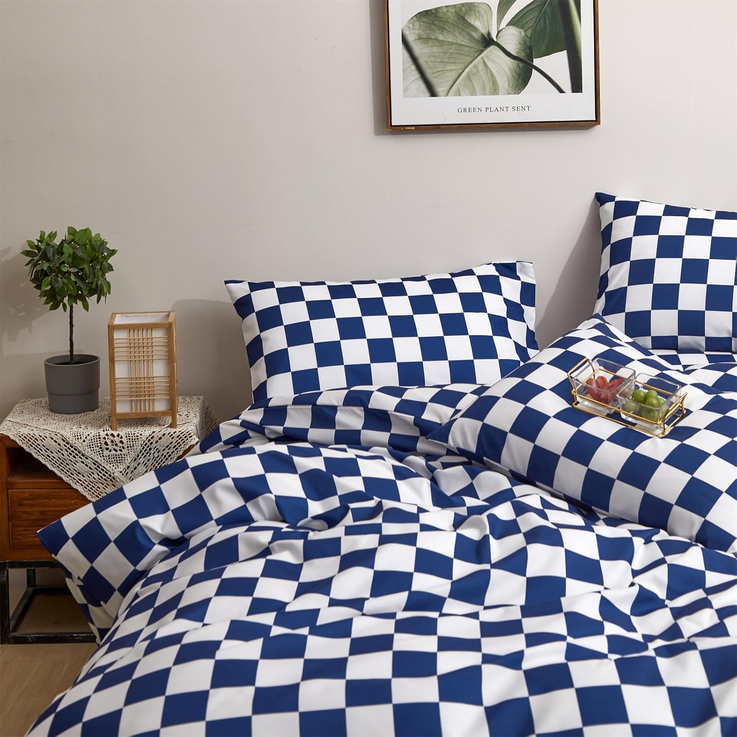 Juego de edredón de cuadrícula azul real y blanco, juego de ropa de cama a cuadros azul real para niñas, juego de edredón transpirable para niños,