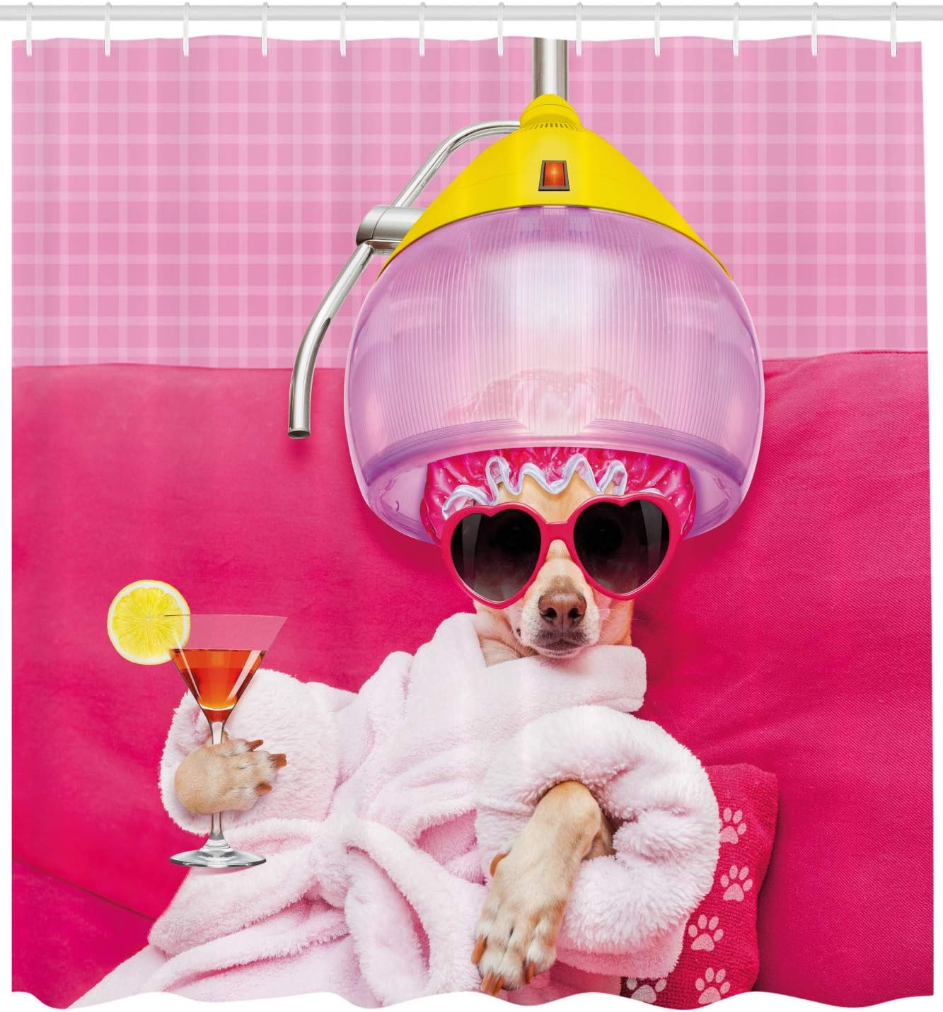 Ambesonne Divertida cortina de ducha, diseño de perro Chihuahua, relajante y acostado en el spa, estampado cómico de moda de cachorro, juego de