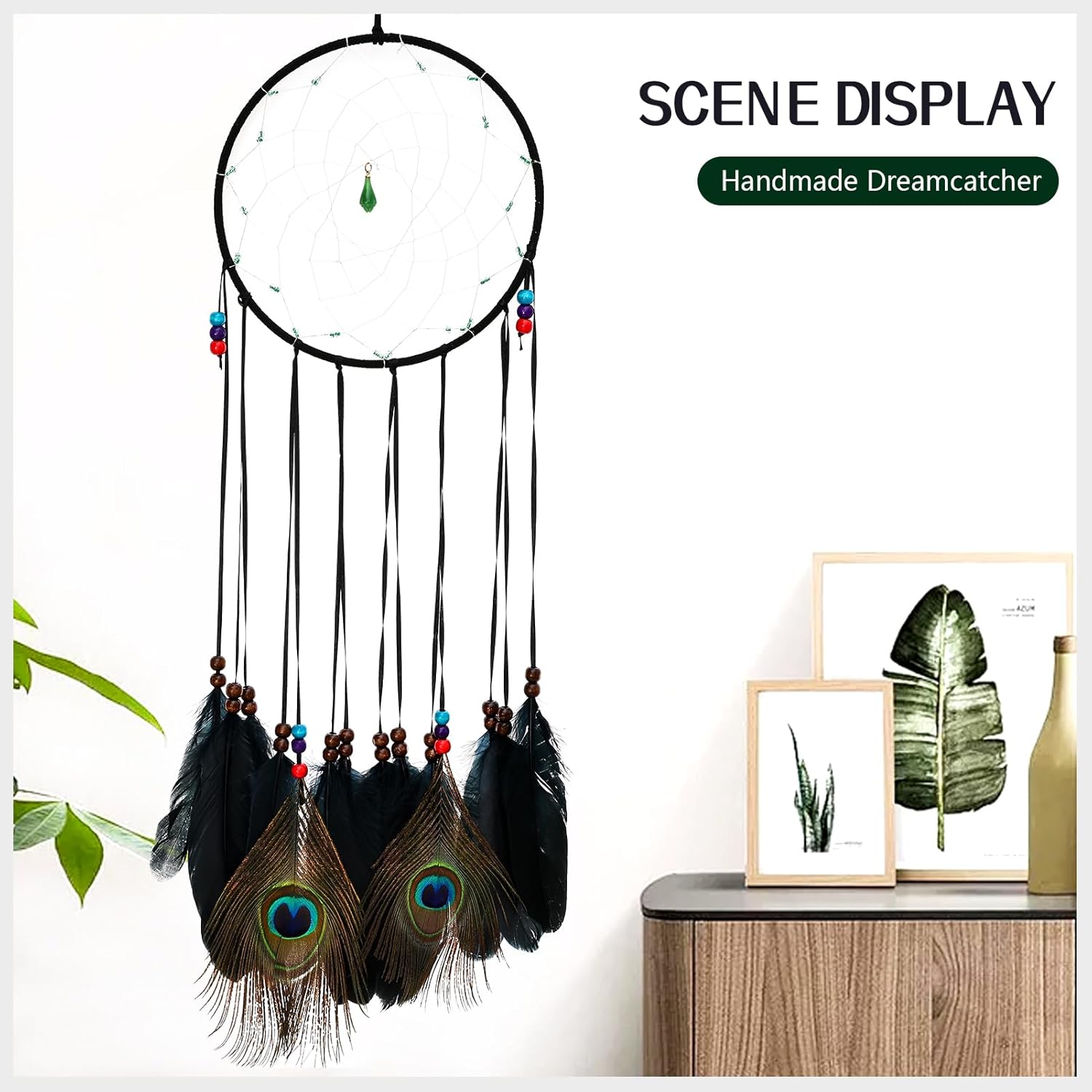 FeelfunFeather 3 piezas de atrapasueños negros tradicionales con diseño de luna, sol, estrella y plumas negras y de pavo real para niños para colgar
