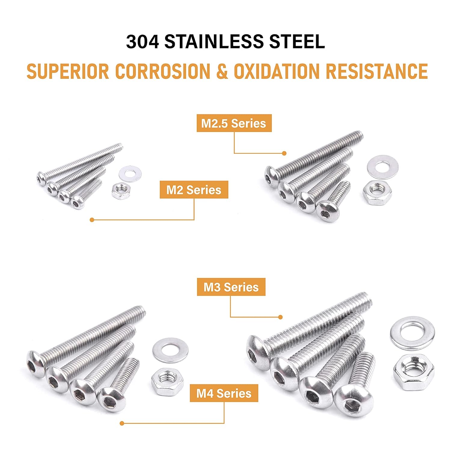 VIGRUE Juego de 820 tornillos de cabeza de botón M4 M3 M2.5 M2, tornillos, tuercas, arandelas, kit surtido de tornillos métricos de acero inoxidable