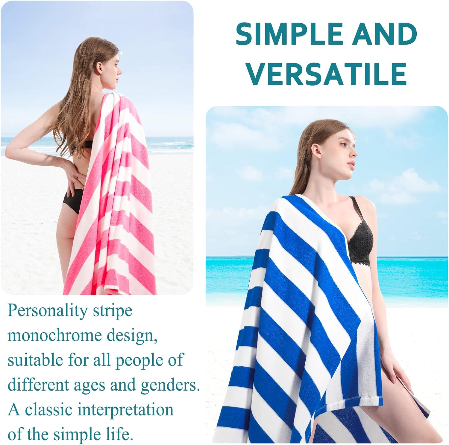 Genovega 4 Packs Oversized Stripe Beach Towel Soft Super Absorbent for Men Women Adults