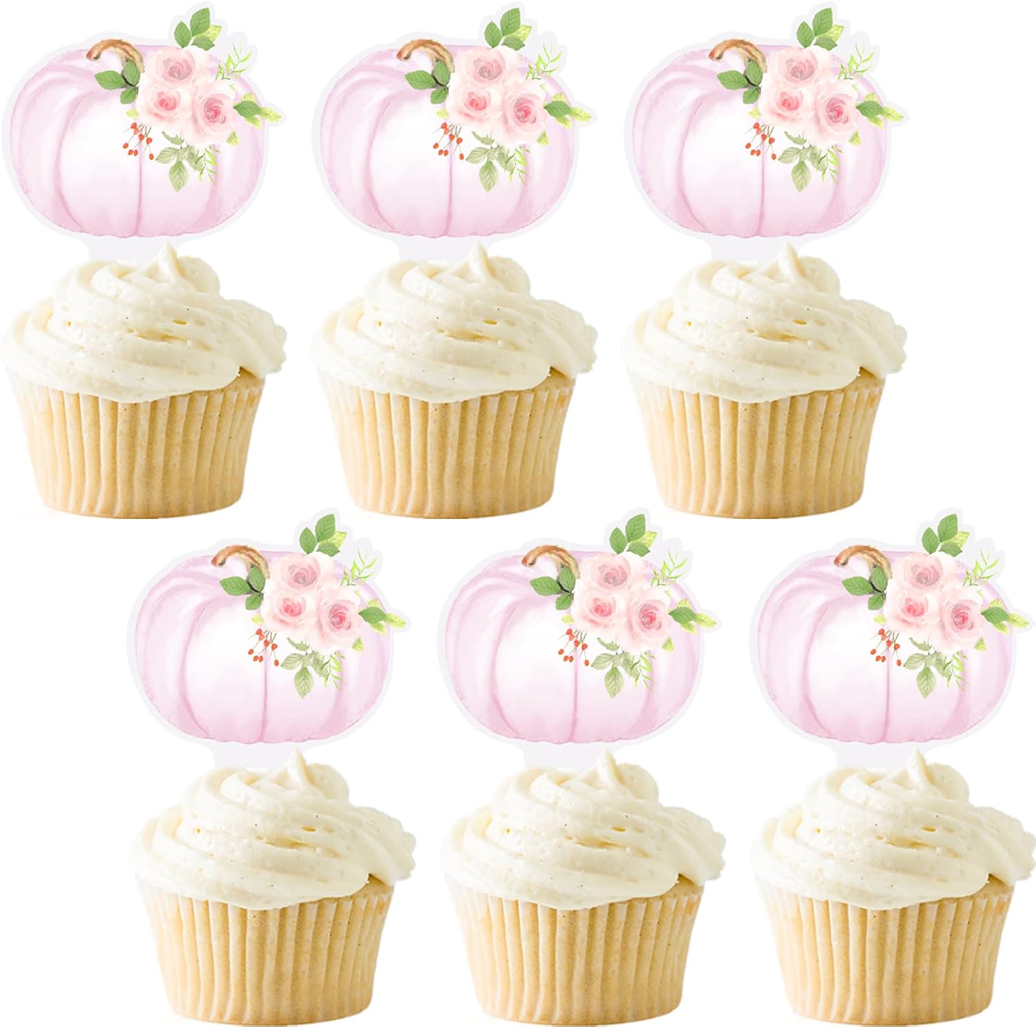 Decoración floral para cupcakes, calabaza, otoño, cumpleaños, baby shower, comida y postre, decoración de calabaza, acuarela, 36 unidades, rosa